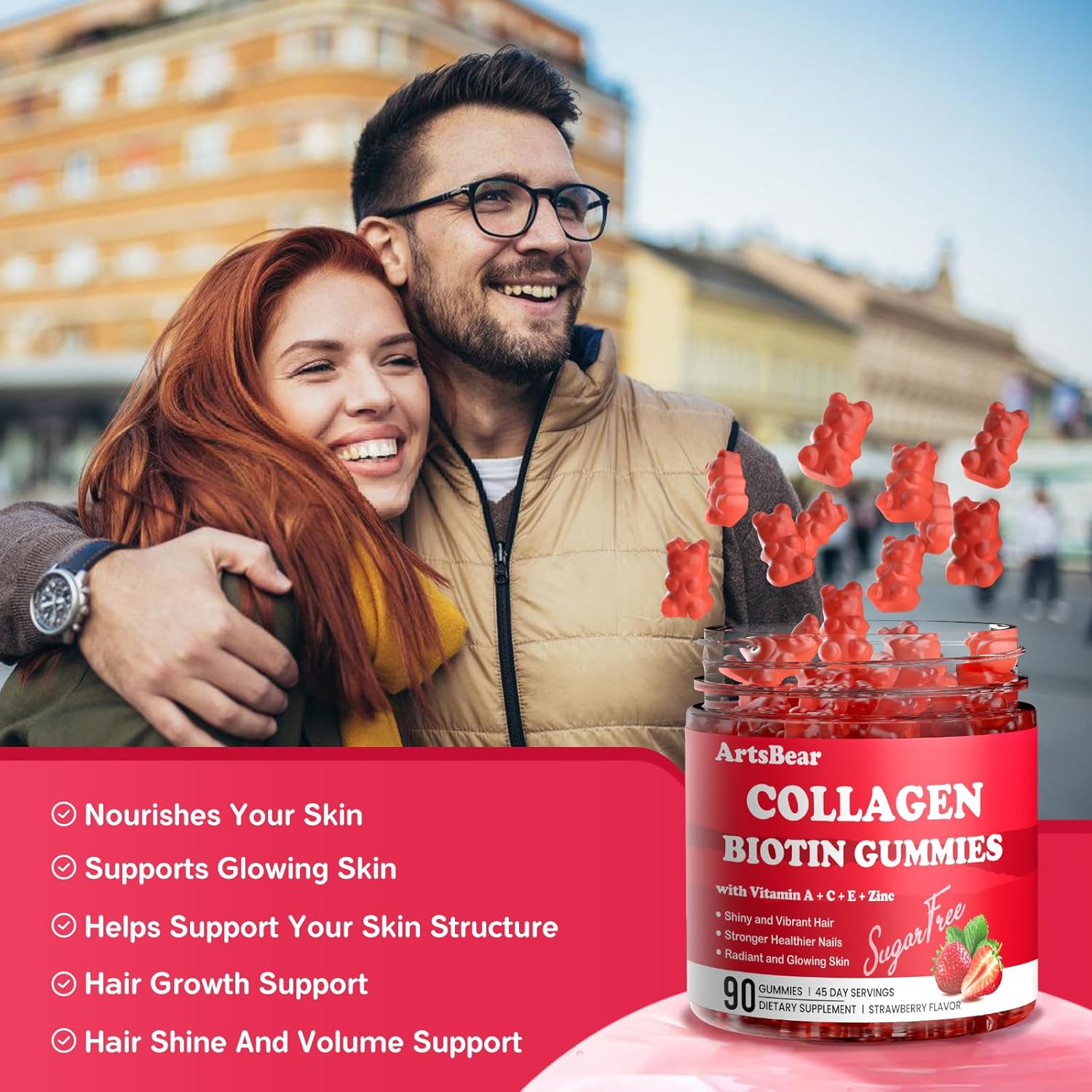 Collagen Gummies with Vitamins C, A, E, Zinc, and Biotin – Hydrolyzed Collagen Peptide Supplement for Hair, Skin, and Nails – Vegan, Sugar-Free, Strawberry Flavor – 90 Gummy - Image 2