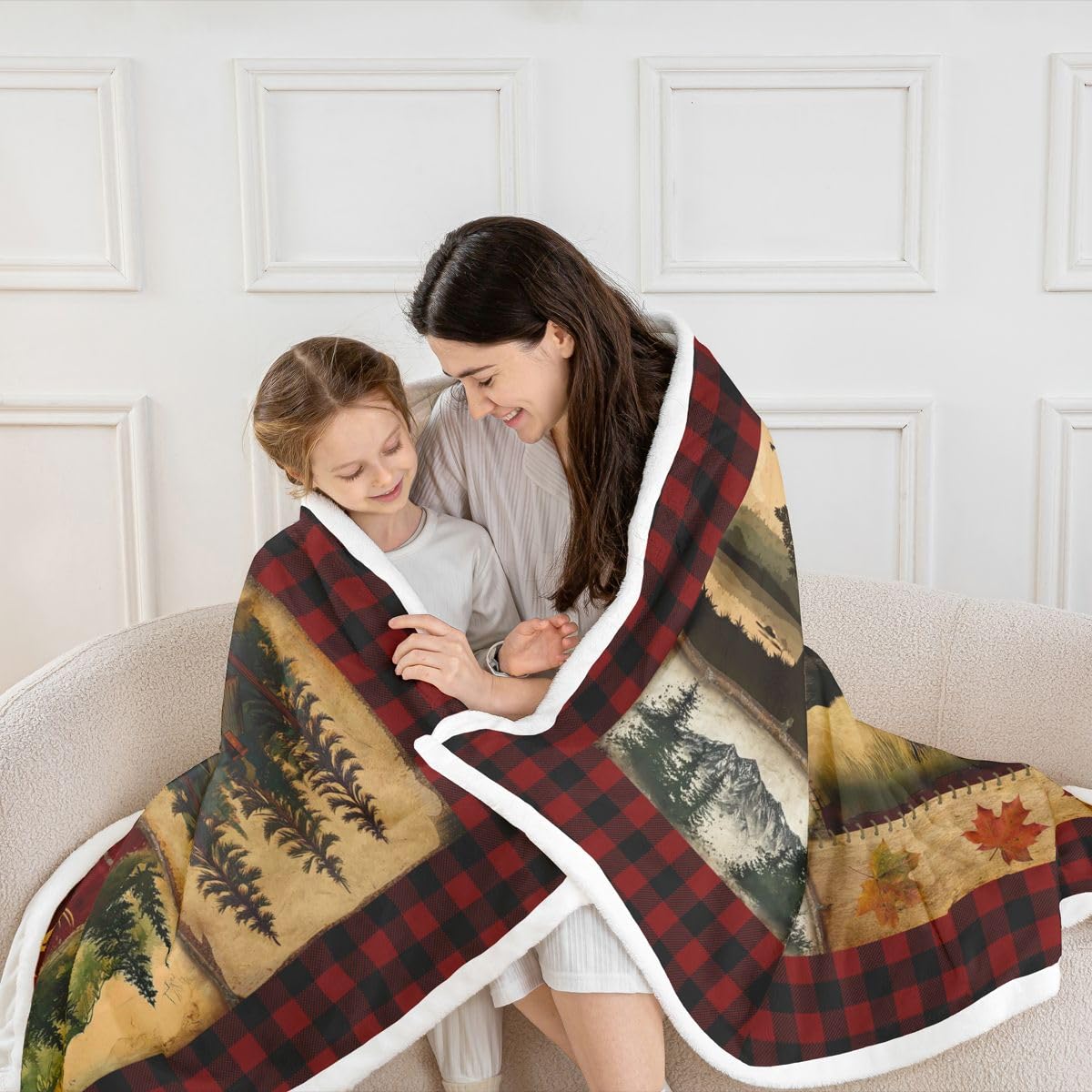 Bear Cabin Plaid Coperta Queen, Rustica Fattoria Coperta in Pile Coperta Retrò Caccia Cervo Coperta Country Woodland Pine Tree Fuzzy Blanket Foglia d'Acero Lodge Decor Sherpa, Rosso Nero Marrone