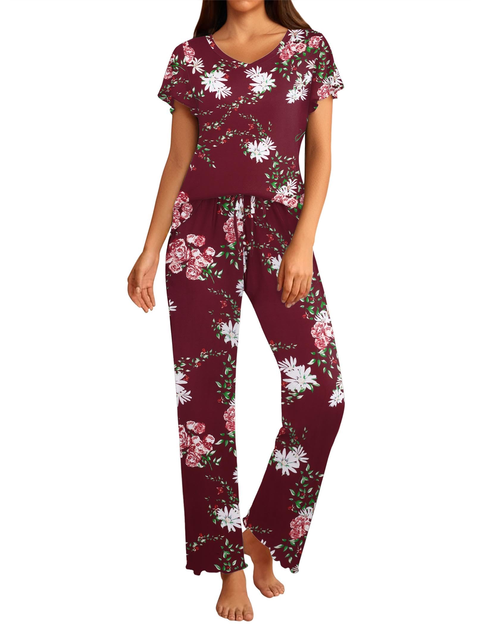 ELESOL Womens 2 Piece Pajama Sets Short Sleeve Long Pants Lounge Sets Soft Sleepwear With Pockets