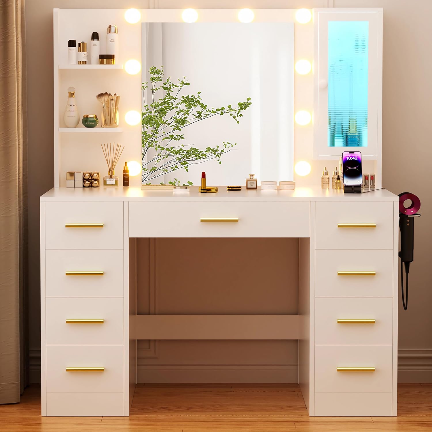 ERLEJIA Vanity Desk with Mirror and Lights, 43" Large Makeup Dressing Table with 9 Drawers & 3 Shelves, RGB LED Lighting & Power Outlet, White and Gold