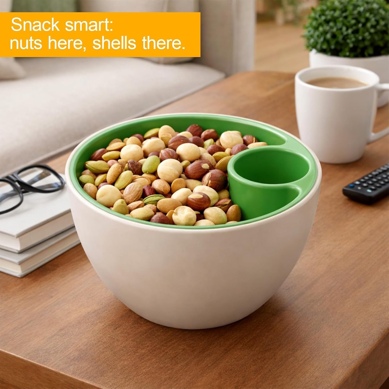 Pistachio Bowl with Shell Storage,Dual Chamber Pistachio Bowl with Shell Storage,Reusable Snack Bowl with Integrated Shell Compartment, Convenient Pistachio Cracker Tool(5.11"x3.14")