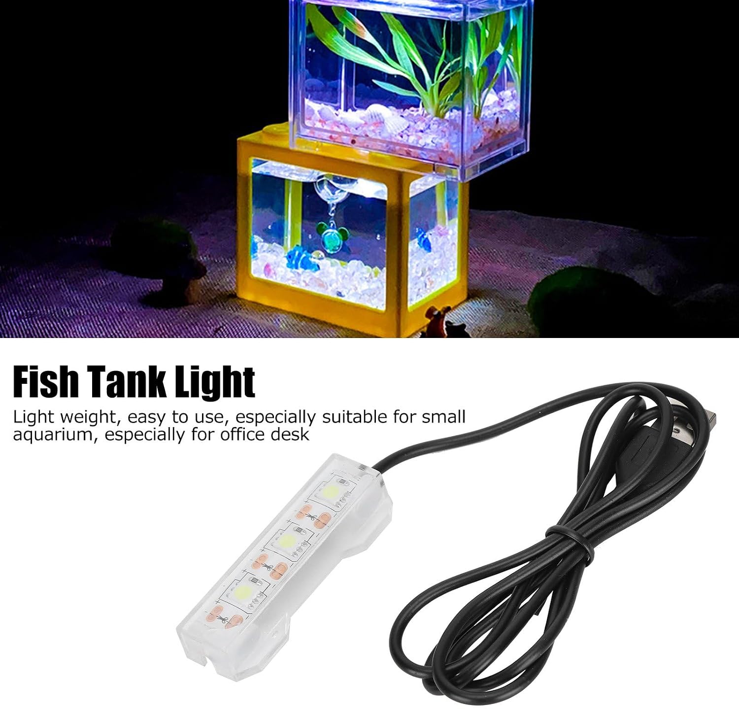 Small Fish Tank Light LED with 39inches USB Cable Aquarium Light 0.6W 5V for Small Aquarium, White Light, 2.4x0.8 inches image 3