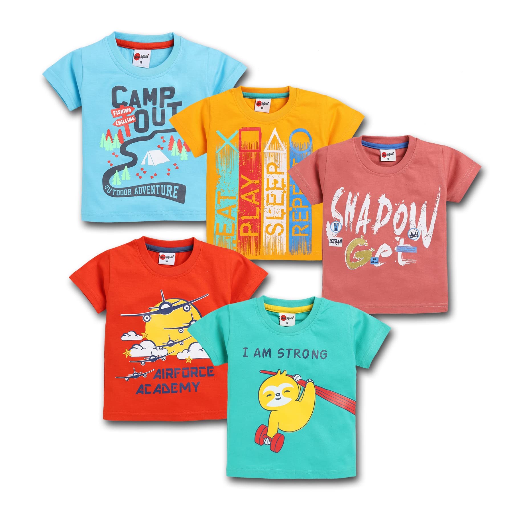 Mars InfinitiPure Cotton Tshirts for Boys Kids | Summer Tops for Babyboys | Lightweight and Breathable| Playful Printed tees | Halfsleeve Tshirts| Colorful Playful Printed Tops|Pack of 5