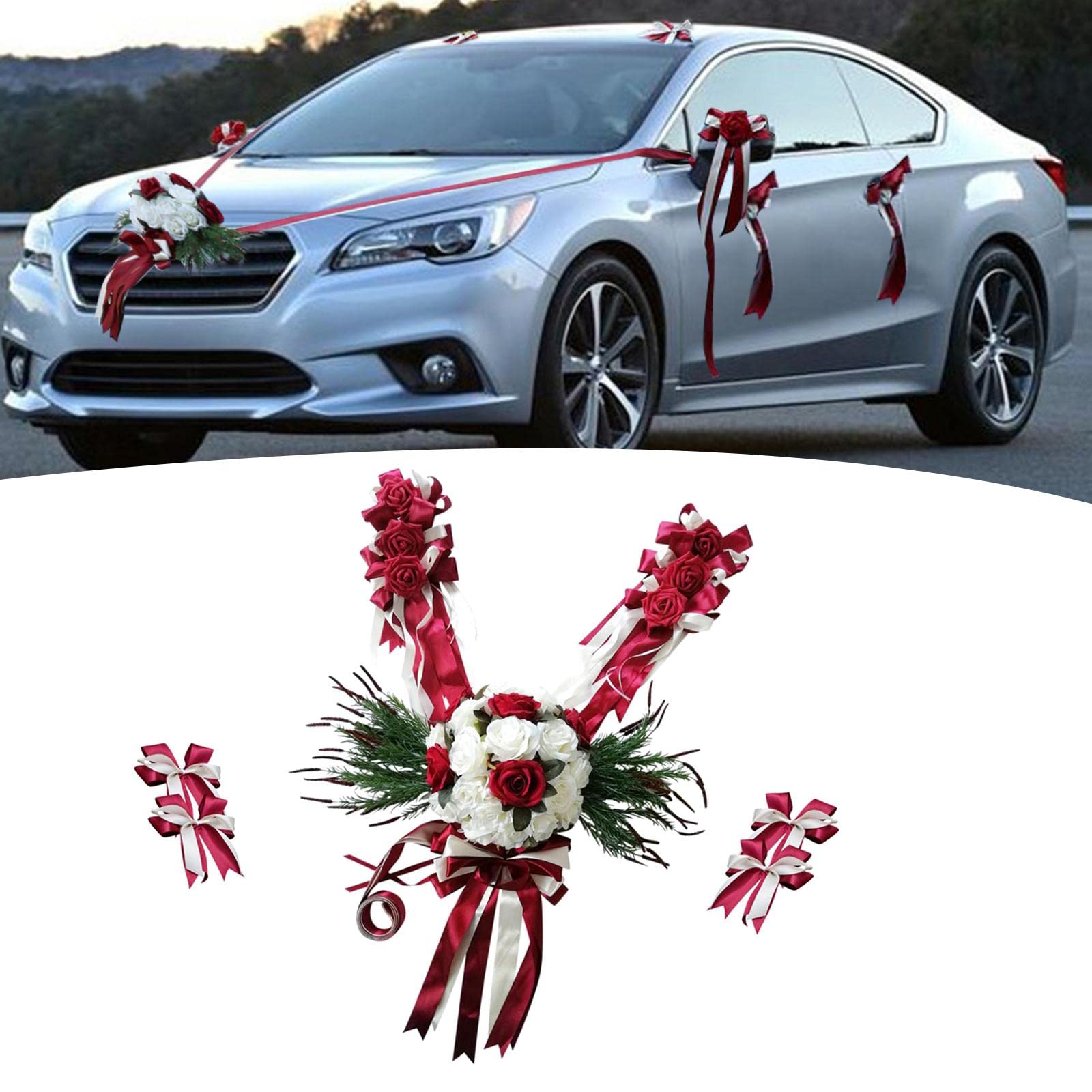 12 Stück Hochzeitsauto Dekorationsset Seidenblumenschmuck Polyesterbänder Satinblumenschleifen Schleifen Autoschmuck für Brautlimousinen Hochzeitflott, Burgund