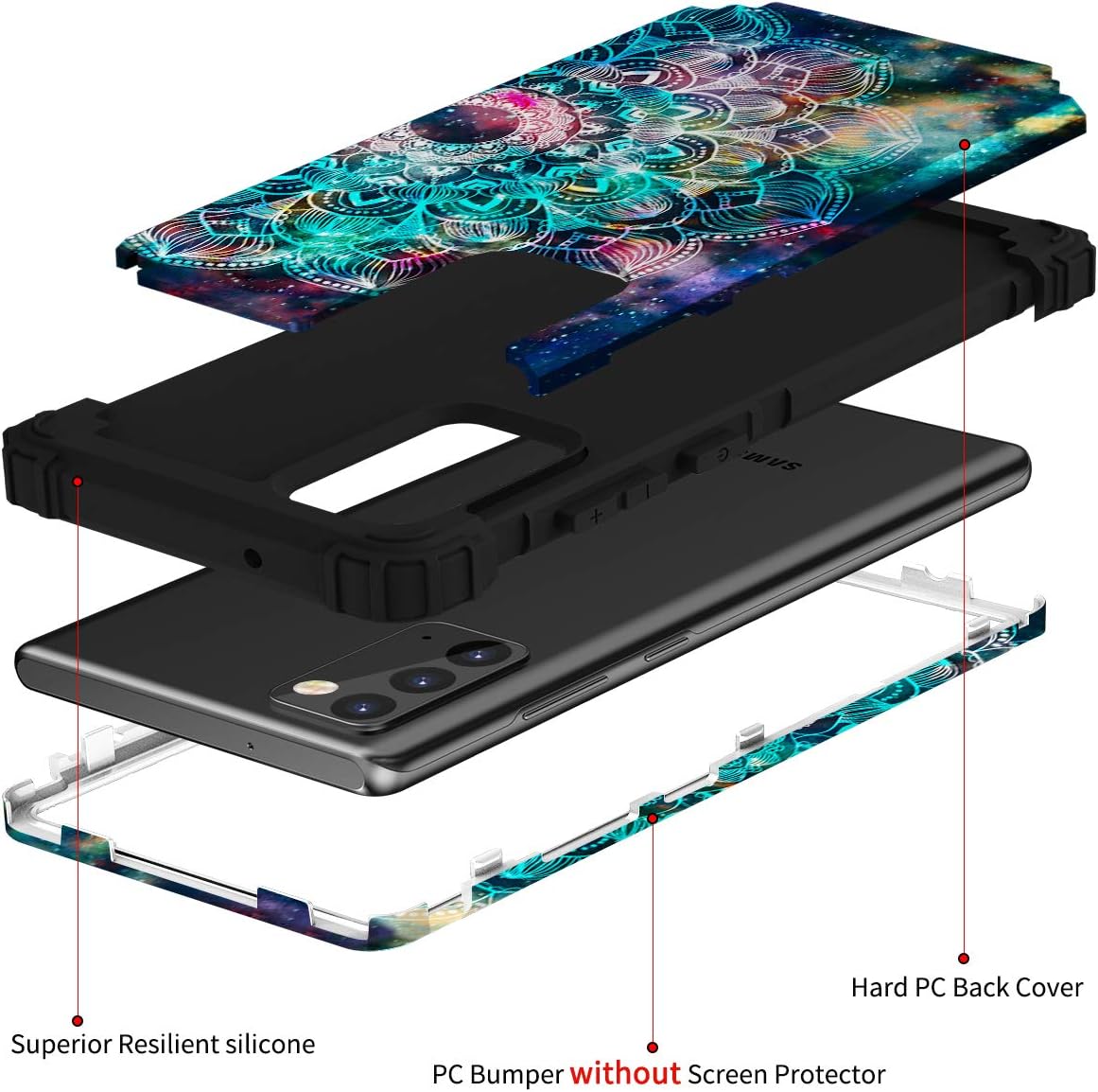 Hocase for Galaxy Note 20 5G Case, Heavy Duty Shockproof Protection Soft Silicone Rubber+Hard Plastic Hybrid Protective Case for Samsung Galaxy Note 20 (6.7-inch Display) 2020 - Mandala in Galaxy