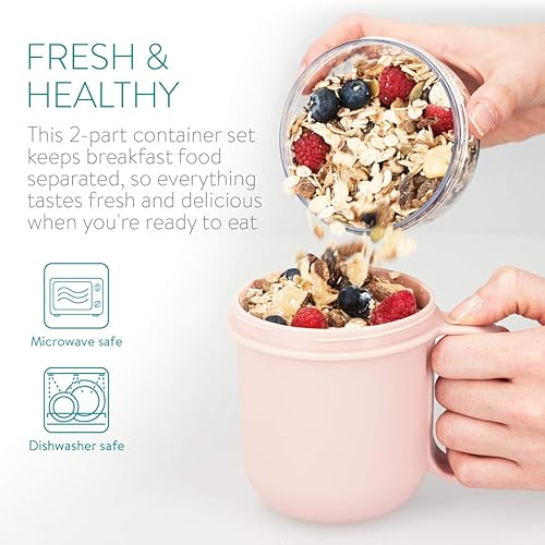 Miniatura 4 de Navaris Breakfast to Go Cup - Recipiente portátil de 2 piezas para cereales, yogur, avena, apta para microondas y lavavajillas, sin BPA, color rosa