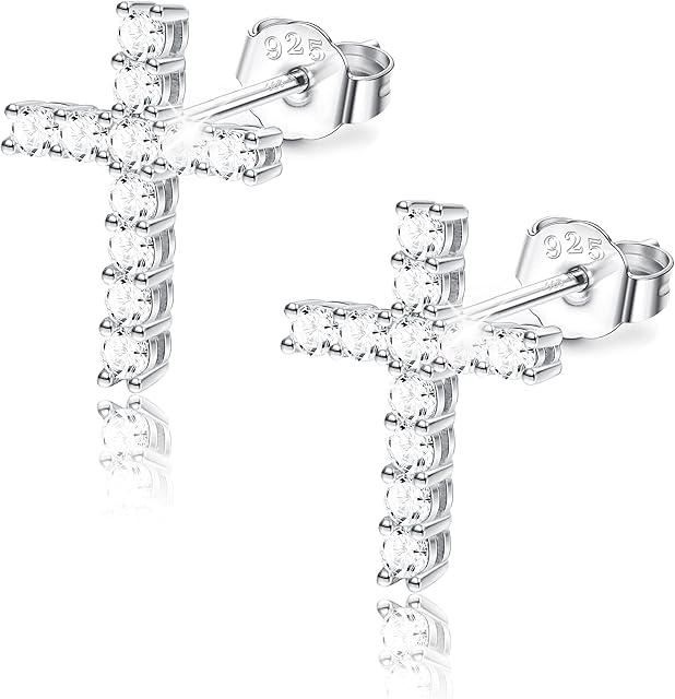 Sllaiss 925 Sterling Silver Tiny Cross Stud Earrings for Women Austrian Cubic Zirconia Stud Earrings Cross Earrings White Gold Plated