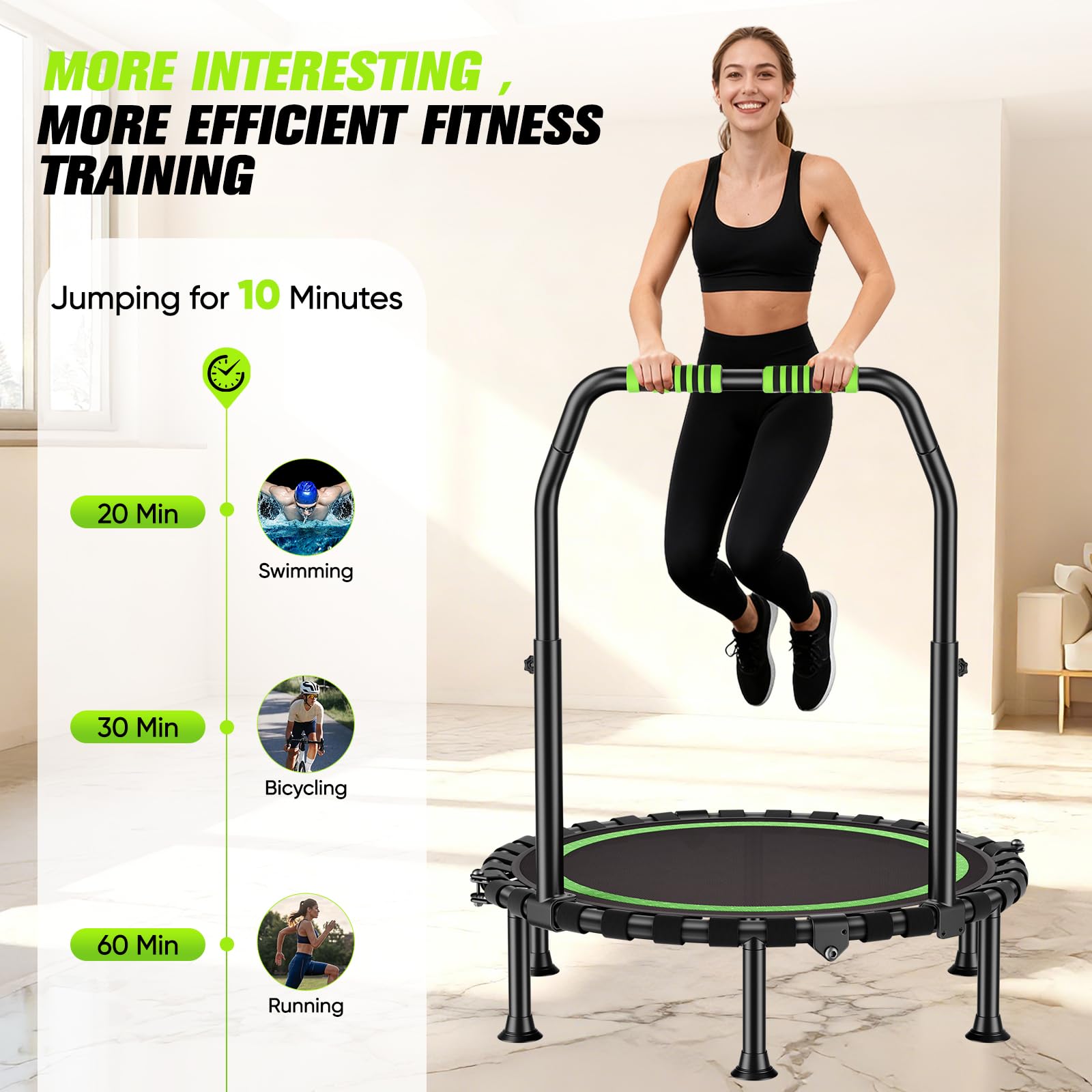 Trampolino pieghevole Ø 101 cm, per jumping fitness, portata 150 kg, altezza del corrimano regolabile, allenamento di resistenza, diversi gruppi di persone
