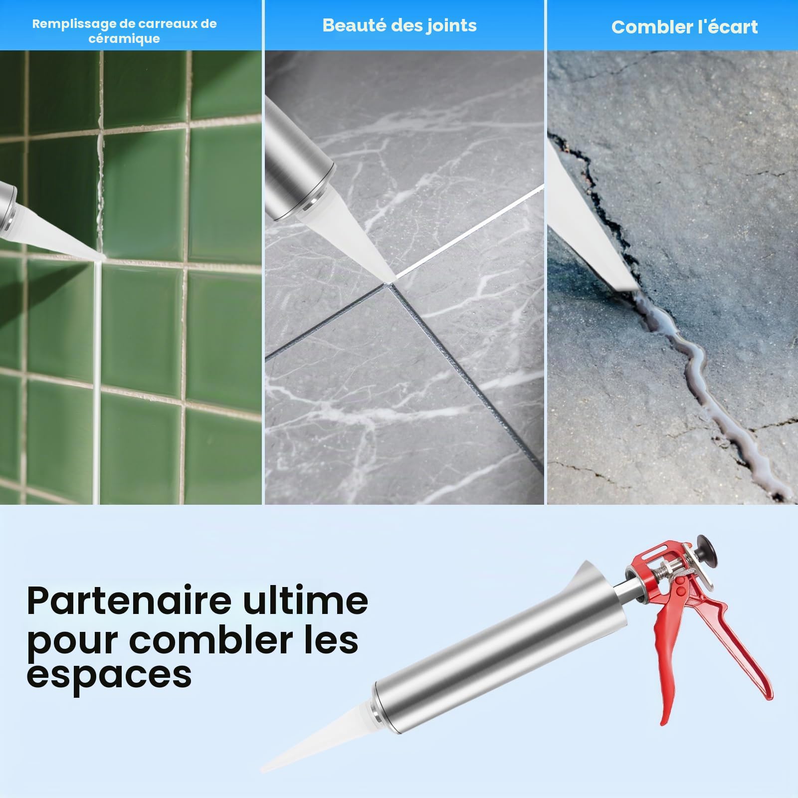 Pistolet à joint pour mortier avec 2 buses-Pompe manuelle en acier inoxydable, pelle, seringue à béton, outil de jointoiement pour carrelage, maçonnerie, silicone et mastic