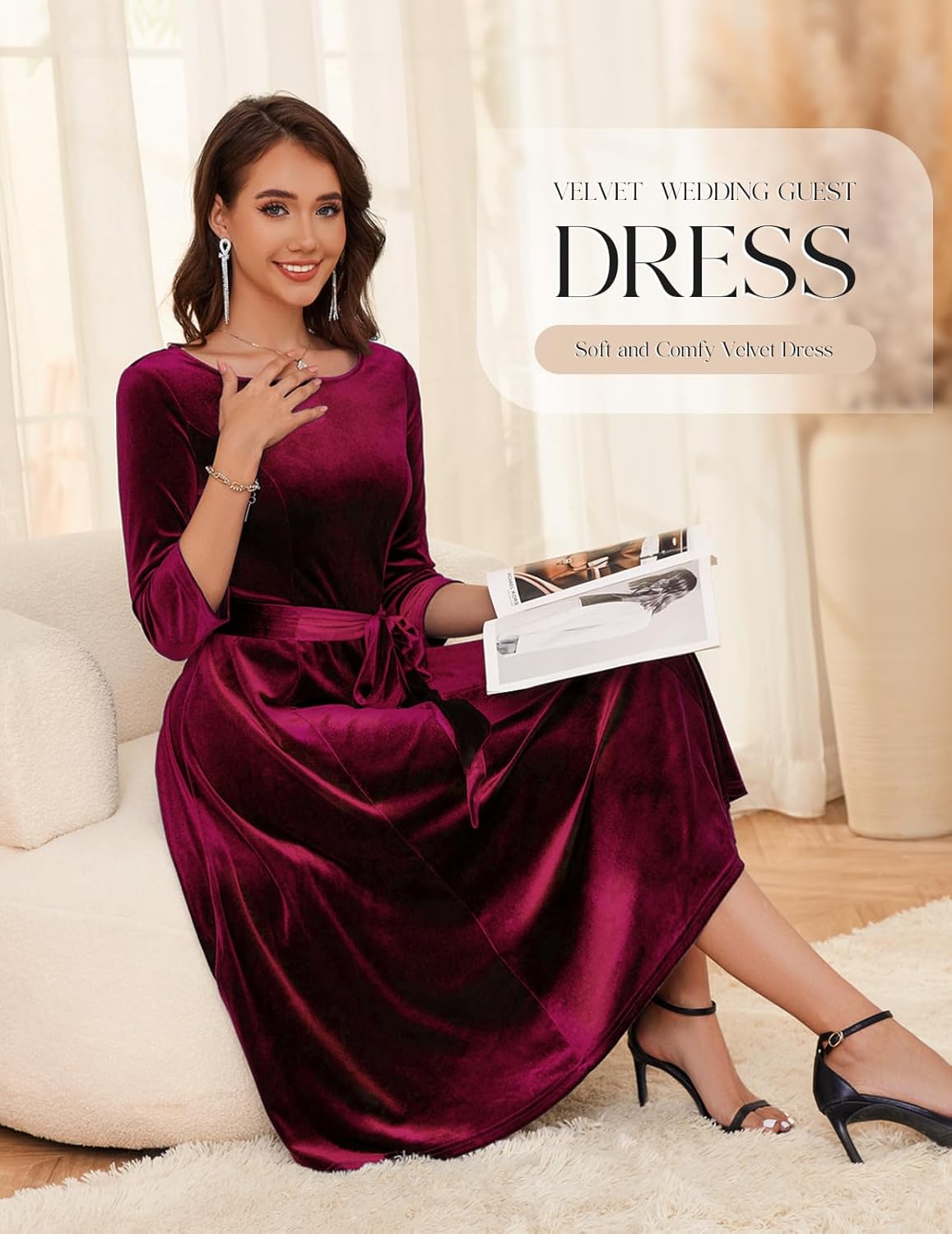 DRESSTELLS Velvet Cocktail Dress for Women, 2025 Winter Christmas Holiday Dress, 3/4 Long Sleeves Party Formal Gala - Image 3