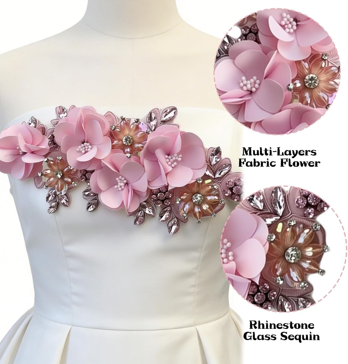 Handmade 3D Flower Applique, Rhinestone Patches for Clothes, Beaded Embroidery Lace Floral Embellishment for Wedding Dress, Hat Hairband DIY Sewing Accessory (Pink)