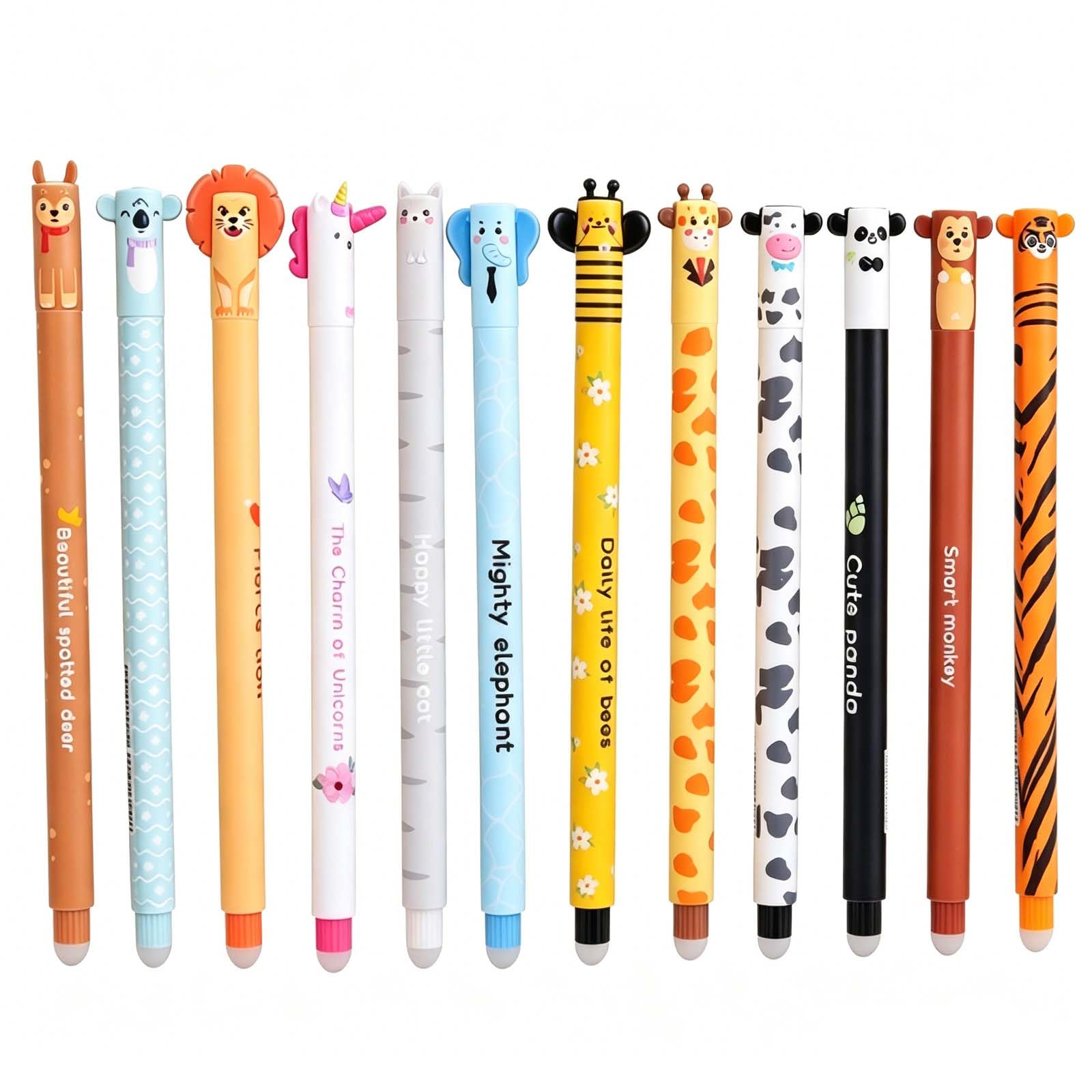 Naseom 12 Pcs Erasable Pens Set 0.7mm Fine Point, Animal Theme Rub Out Pens for School Supplies, Smooth Writing Gel Pens