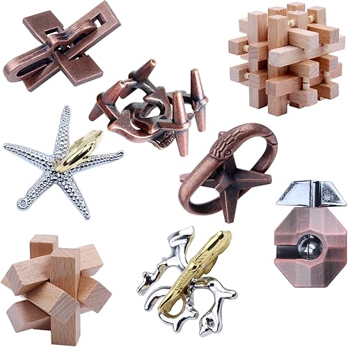 8 Piezas Rompecabezas de Madera y Metal, Juegos de Lógica IQ, Juguetes Educativos 3D para Adultos y Niños, Juego de Familia, Juego de Lógica, Juego