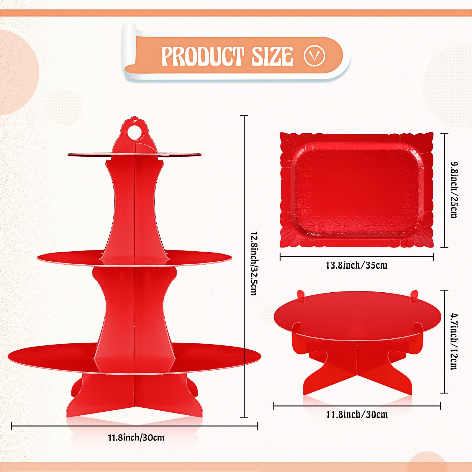 Lot de 7 présentoirs à gâteaux ronds en carton à 3 étages - Présentoir à gâteaux rectangulaire - Plateau de service réutilisable pour desserts, fête d'anniversaire (rouge)