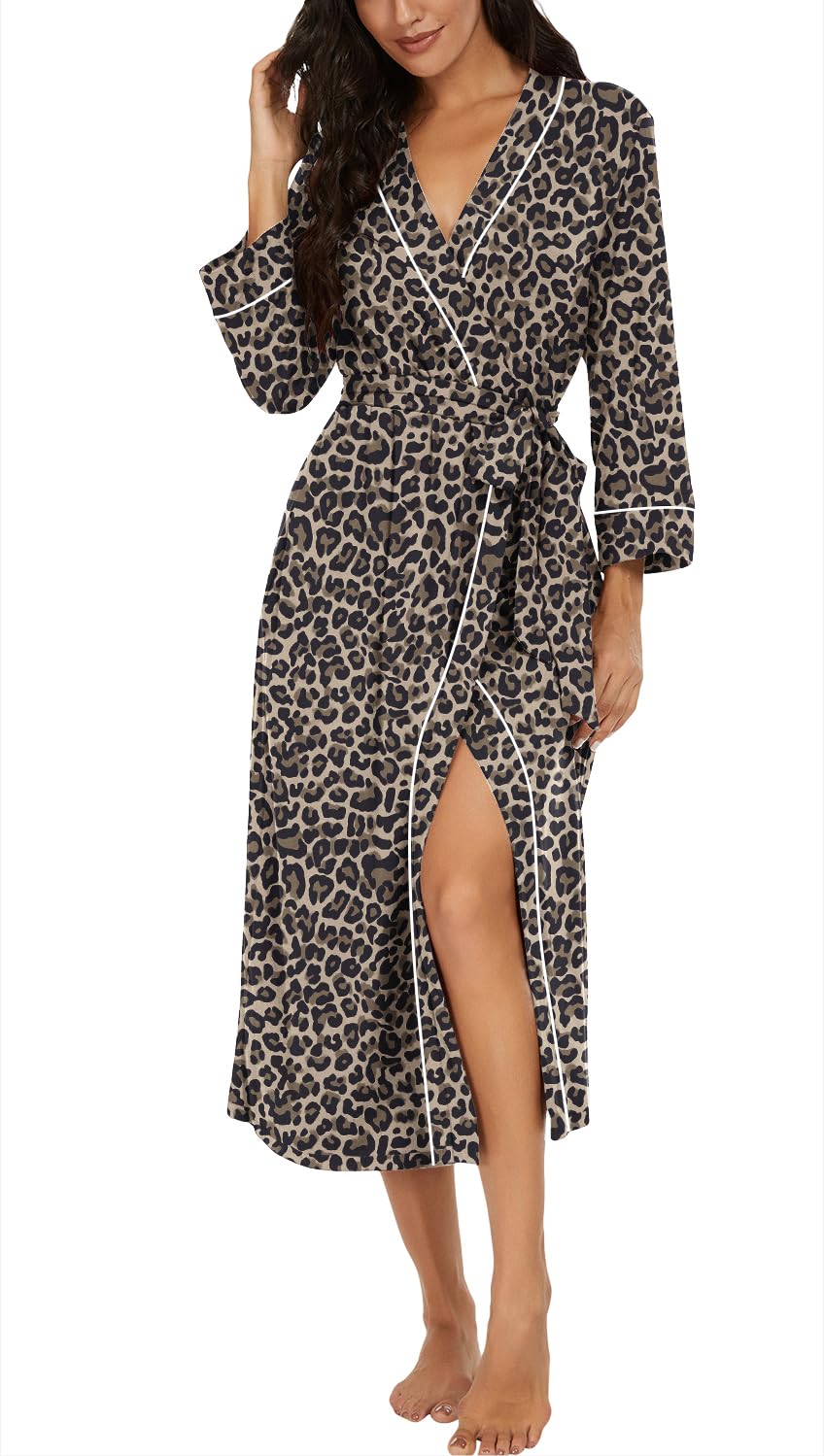 PrinStory Bademäntel Damen Leichter Kimono Roben 3/4 Ärmeln Damen Morgenmäntel Lange Nachtwäsche Lässig Loungewear Saunamantel