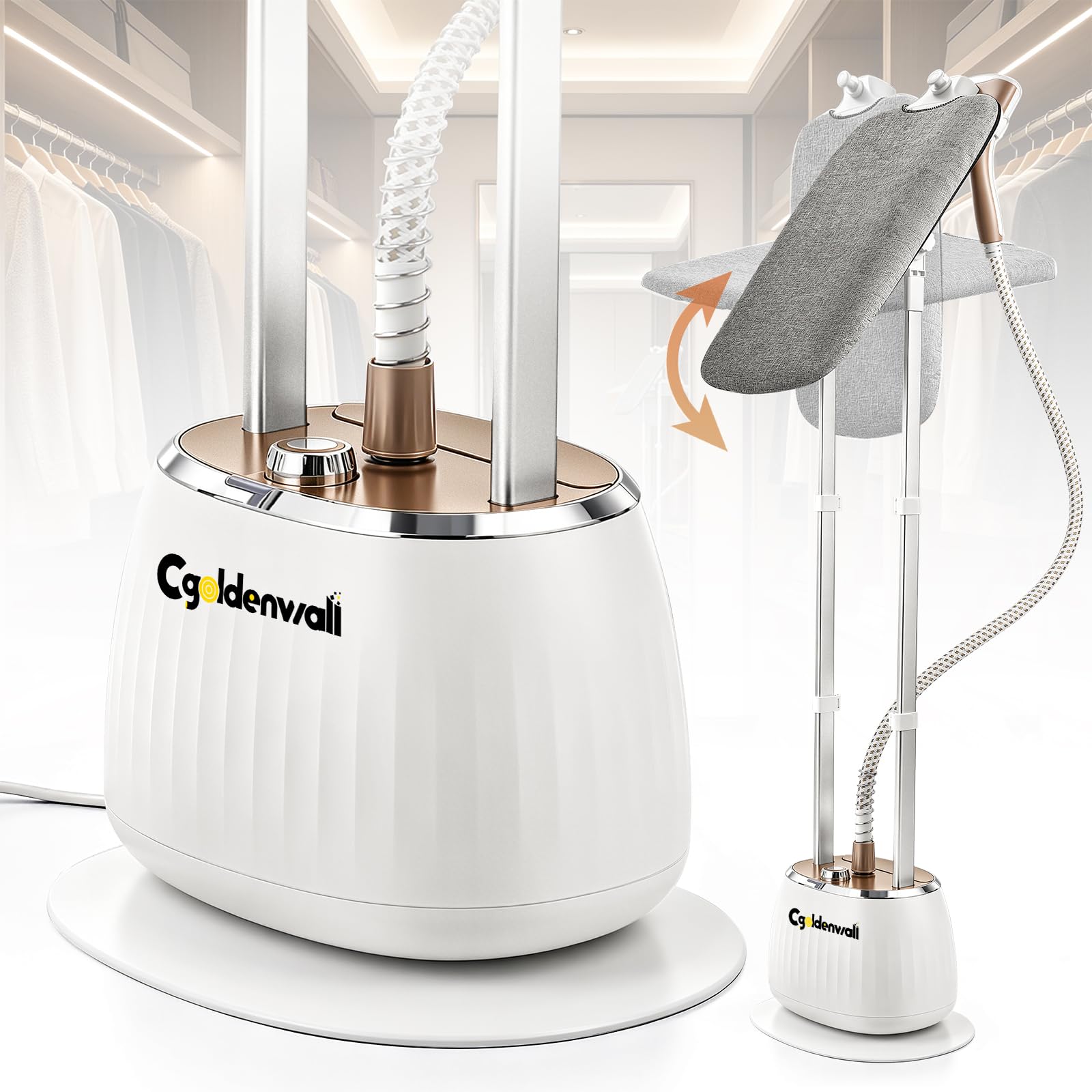 CGOLDENWALL Plancha de Vapor Vertical 1350W, Depósito 1.6L, 10 Niveles de Vapor (32g/min), 3-en-1 (Plana/Inclinada/Colgada), Altura Ajustable 99-165cm, Incluye Tabla y Guante