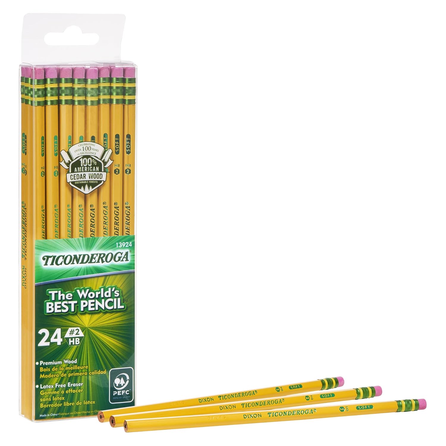 Dixon Ticonderoga WoodCased 2 HB Pencils, Box of 24, Yellow (13924