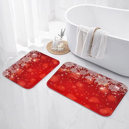 ArtSocket Juego de 2 alfombras y tapetes de baño de Navidad, tapetes de baño antideslizantes con copos de nieve rojos, estrellas de nieve