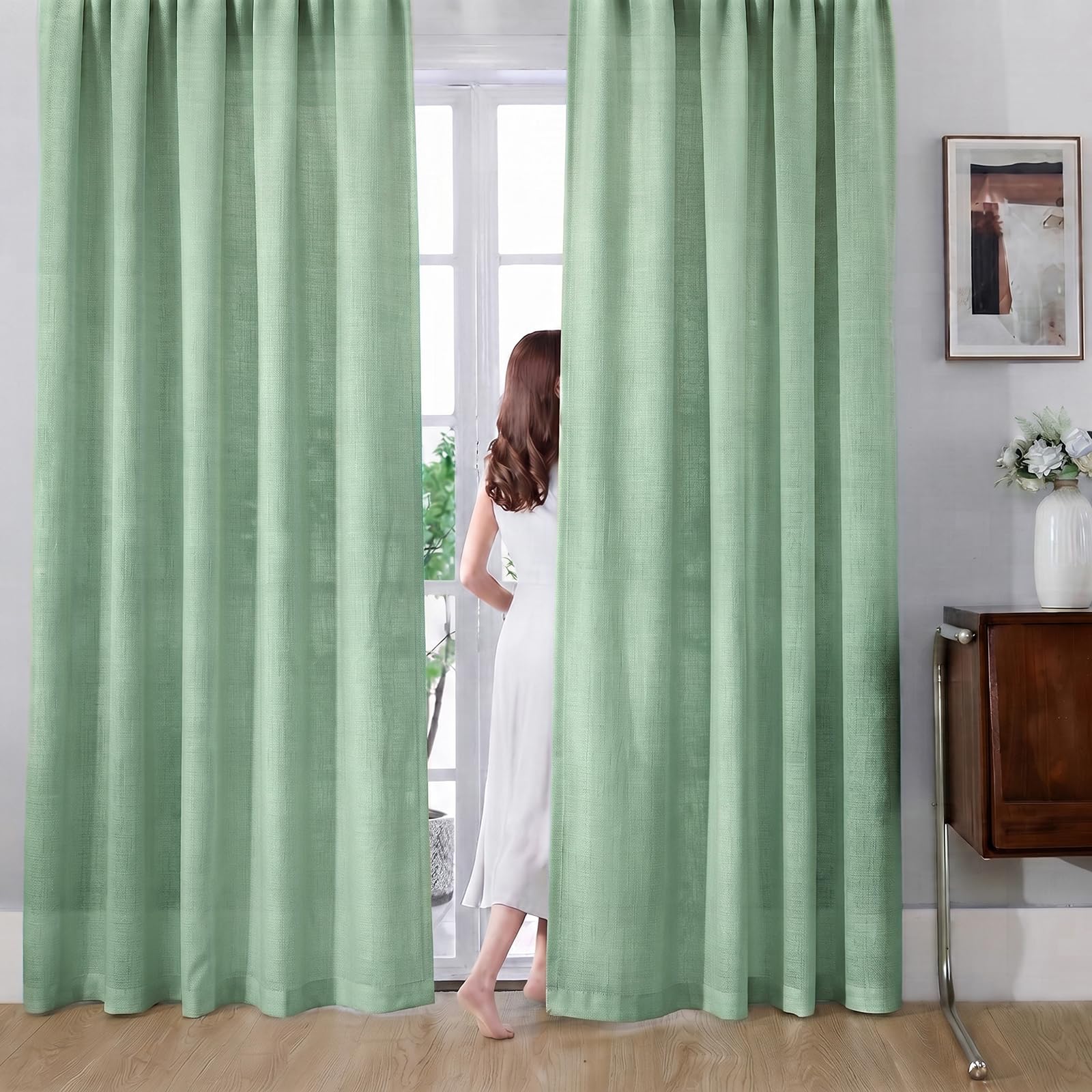 Sage Green Privacy Voile Curtains, Soft Light Filtering Panels, 118'' Drop