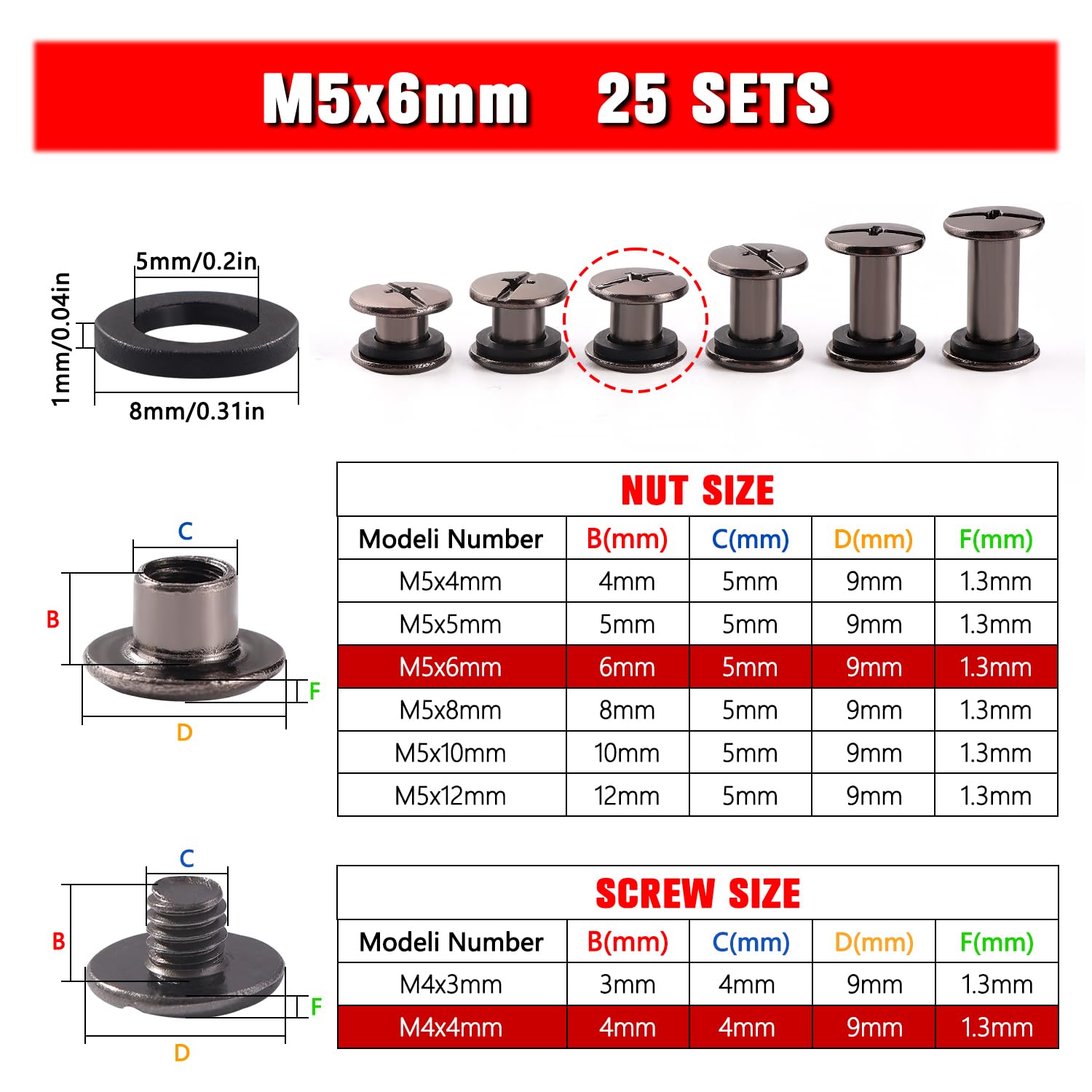 YIXISI 25 Set M5x6mm Chicago Binding Screws Kit, Book Binding Rivets, Leather Rivets, Binding Screws Posts - Image 2