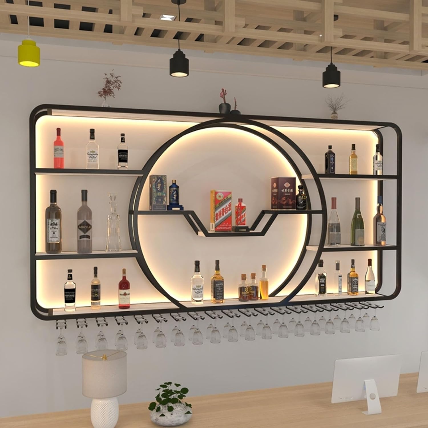 Large Wall Mounted Wine Rack With LED Light,Upgrade Metal Wine Rack Wall Mounted,Bar Unit Floating Shelves Iron Display Stand Wine Holder Large 3-Tier Liquor Bar Display Shelf With Wine Glasses(Black,