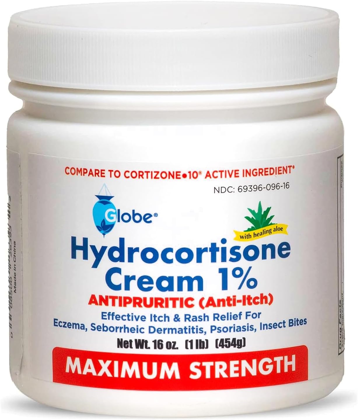 Globe Hydrocortisone Maximum Strength Cream 1% w/Aloe, 16 oz, Anti-Itch Cream for Redness, Swelling, Itching, Rash, Bug/Mosquito Bites, Eczema, Hemorrhoids & More, 16 oz Jar