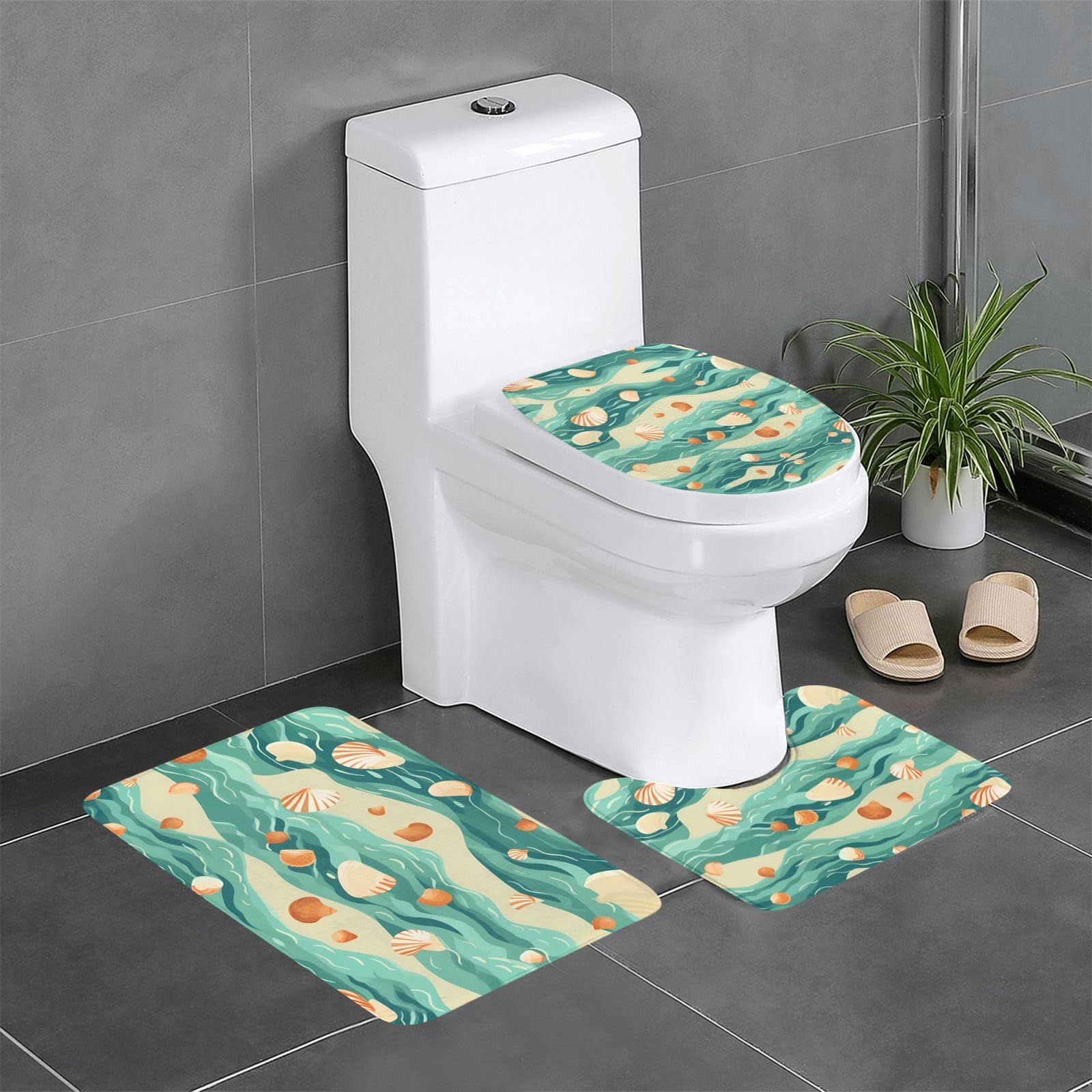 Tapis de salle de bain antidérapants contour wc ensemble 3 pièces motif océan