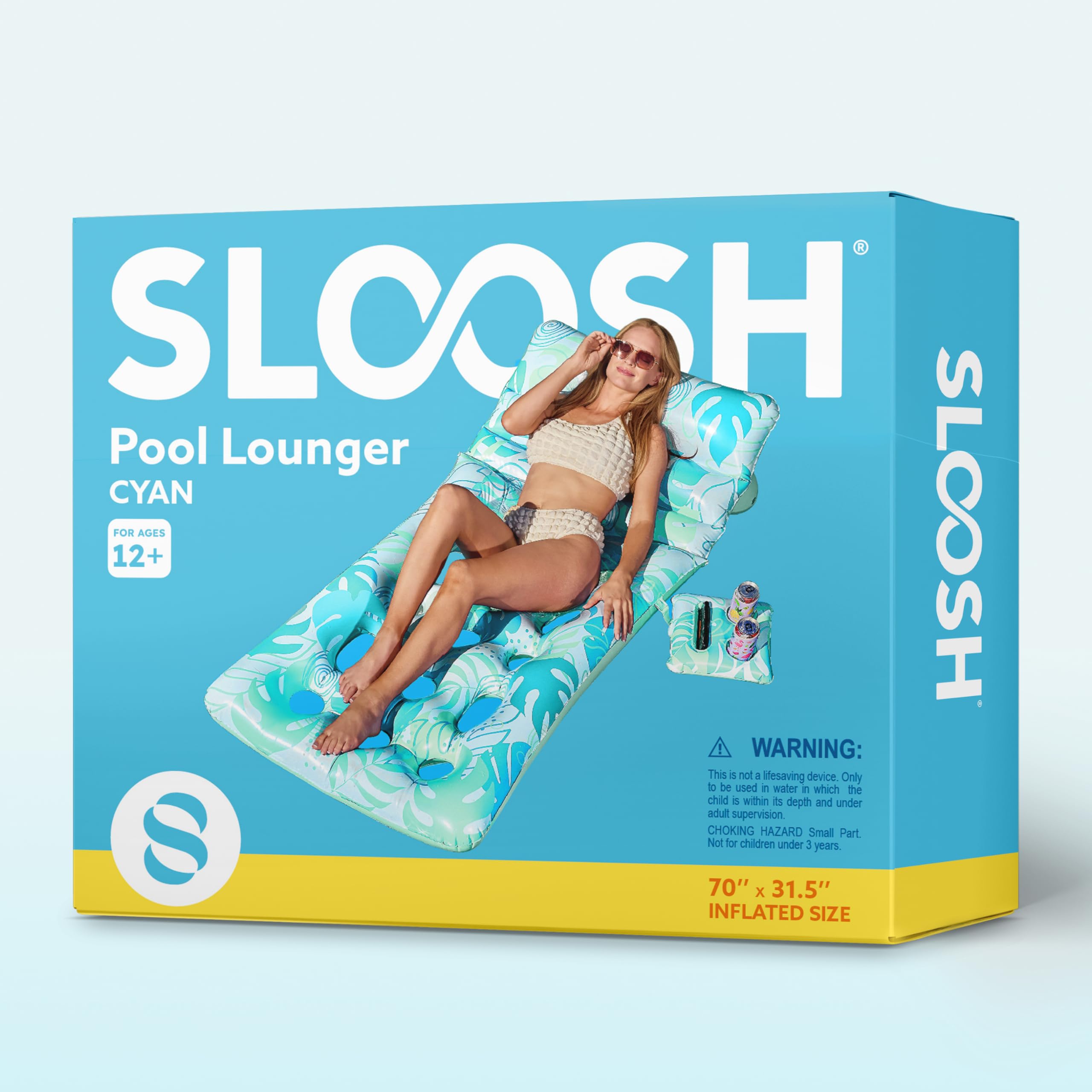 SLOOSH Materassino Gonfiabile per Piscina per Adulti, Lettino Galleggiante con Foglie Tropicali, Schienale Regolabile, Portabicchieri, Perfetto per Abbronzarsi in Piscina, Spiaggia e Lago