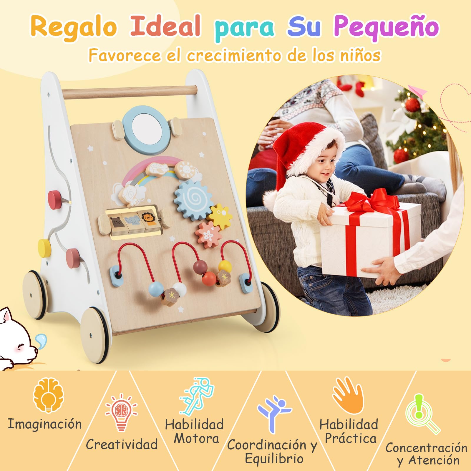 COSTWAY Andador Bebes de Madera, 7 en 1 Andador de Aprendizaje para Empujar/Jalar, Juguetes de Actividad de Madera, Desarrolla las Habilidades Motoras, Juguete para Caminar para Niños de 1+ Años