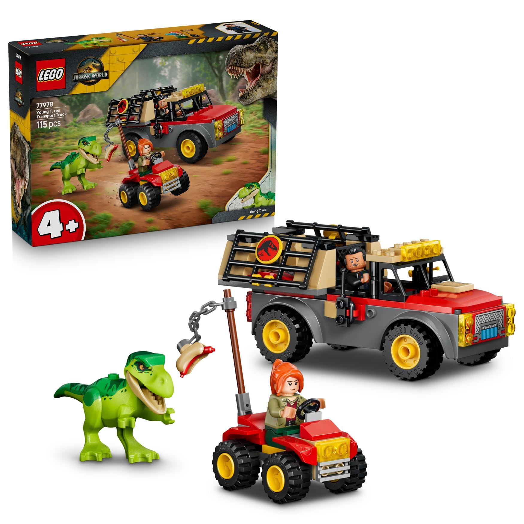 LEGO Jurassic World Young T. rex Transport Truck Toy - incl. Dinosaur Figure, ATV Car Model & 2 Minifigures - Dino Birthday Gift for 4+ Year Old Boys & Girls - 77978