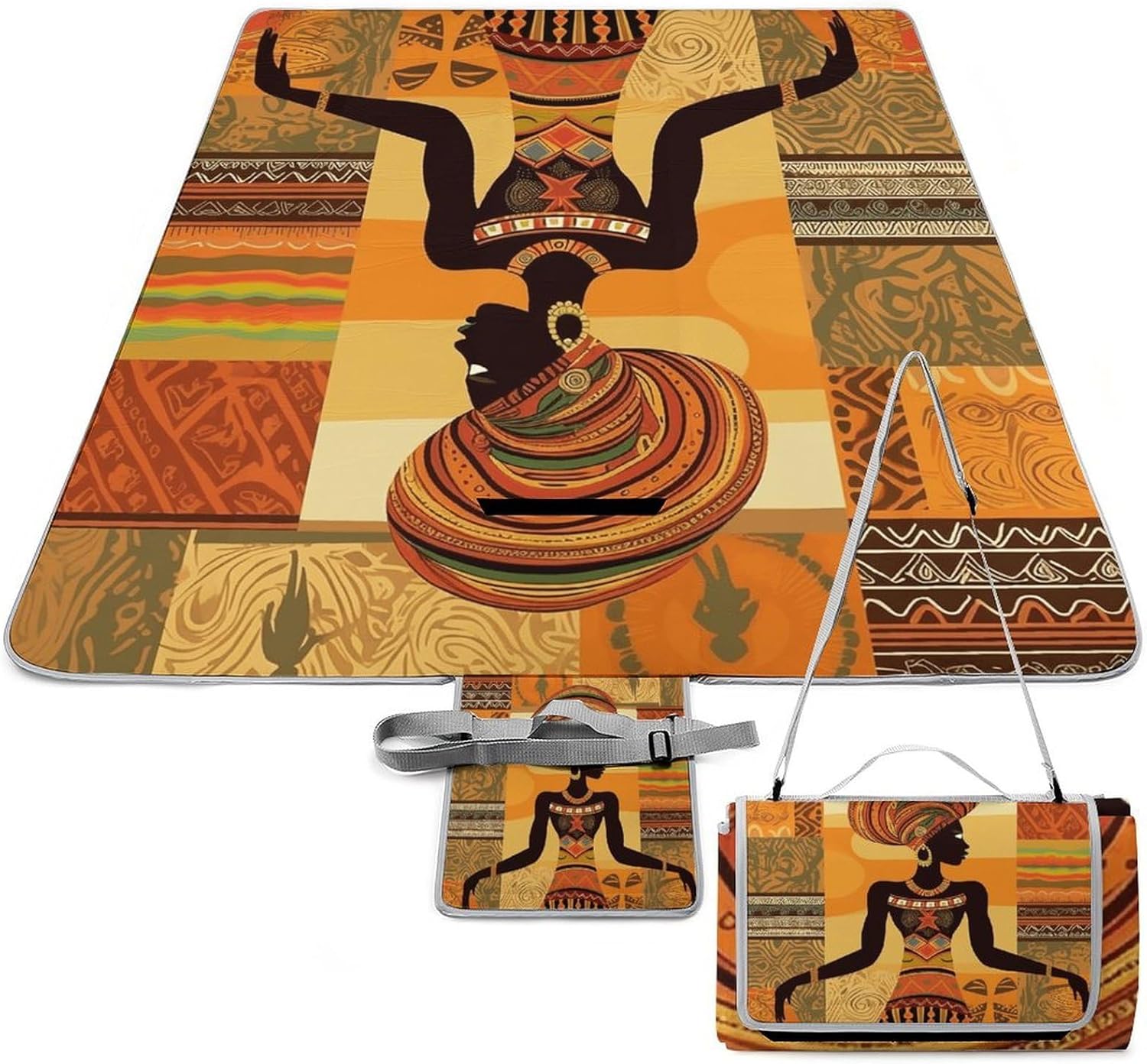 African Woman Picnic Blanket Indoor and Outdoor Square Blankets Waterproof Design Mat Foldable Beach Mats Portable Park Sand Free Blanket for Camping Beach Park