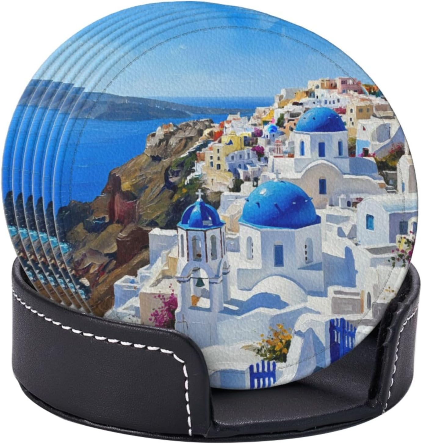 Famame Oil Painting Beautiful Santorini Leather Coasters for Drinks with Holder Coaster Sets 6 Pcs Drink Table Cup Coasters for Living Room Kitchen Coffee Decor