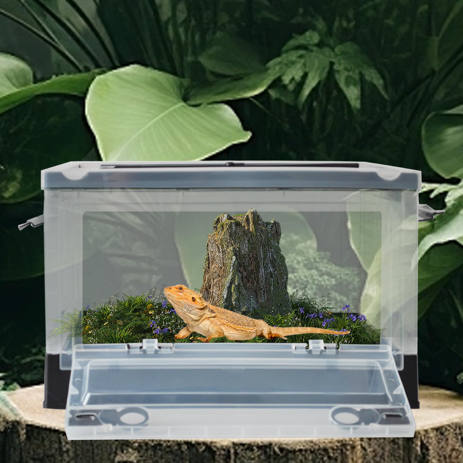 PINVNBY Caja de alimentación de reptiles de plástico con ruedas, jaula de cría de reptiles, anfibios transparentes, tanque de terrario de hábitat, contenedor de transporte portátil para lagarto,