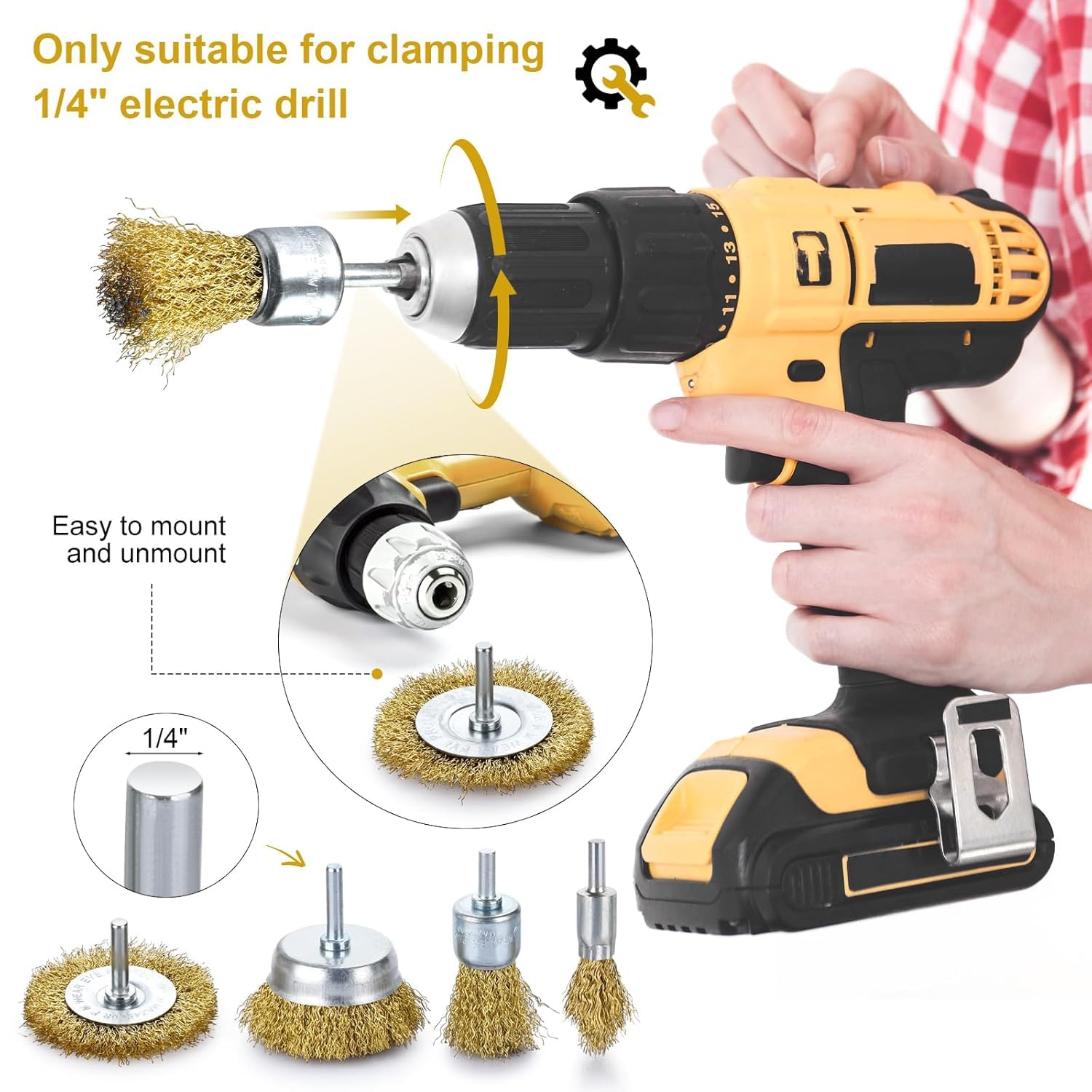 Brass Wire Brush for Drill Rust Removal, Wire Wheel for Drill, Cup Brush and End Brush Set, Wire Brush Drills Attachments, 1/4" Drill Shank, Carbon Steel Bristles (Brass Wire Brush, 28)