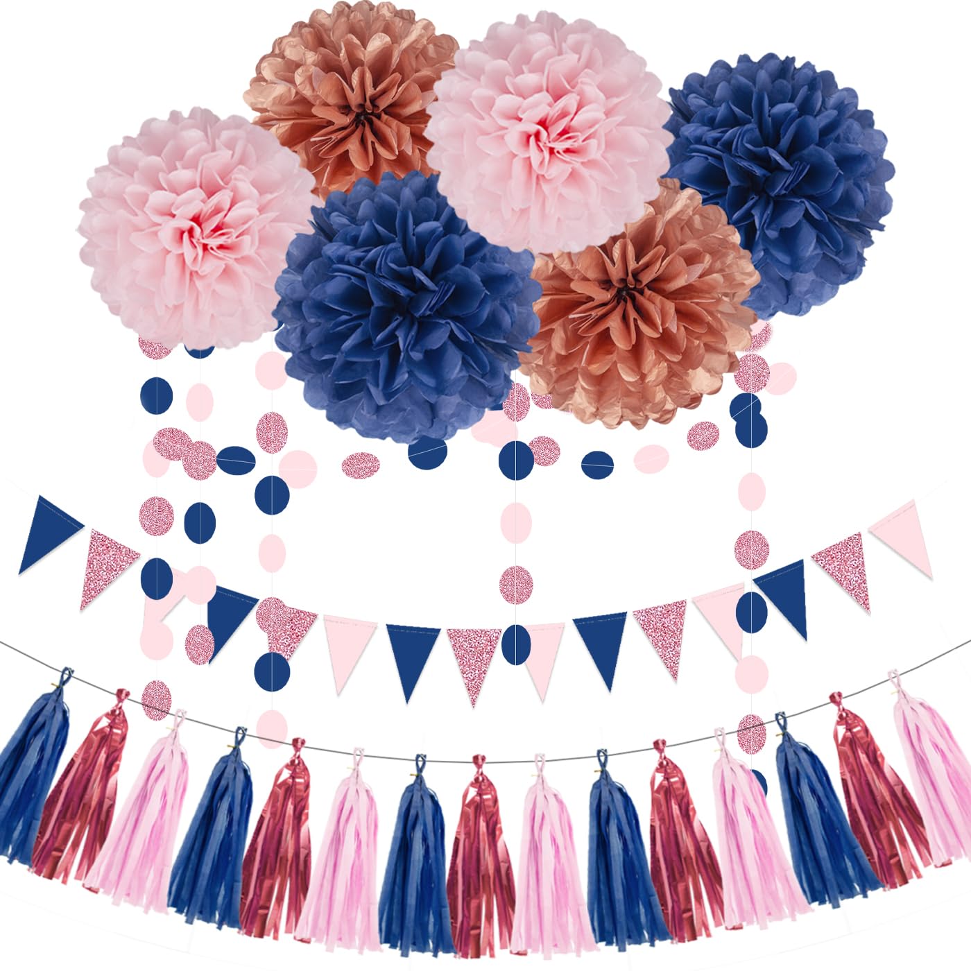 Rose-Gold Pink Navy-Blue Party-Decorations - 23pcs Tissue Paper Flowers Pom Poms Tassel Garland Pennant Banner Flags Streamers Birthday Graduation Bachelorette Gender Reveal Theme Hanging Decor