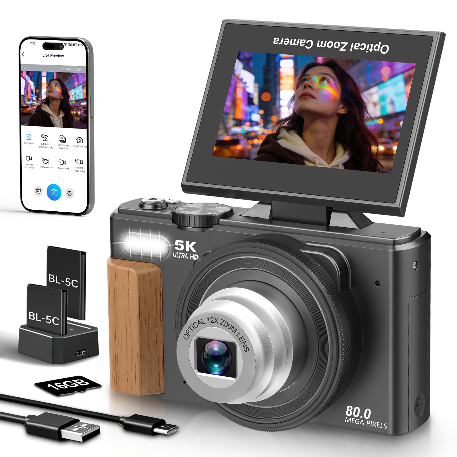 Digitalkamera 5K WiFi 80MP Kamera Fotokamera mit 12X Optischer Zoom, 3" 180° Flip Autofokus Fotoapparat Kompaktkamera für Anfänger, 2 Akkus, 16GB Karte, Schwarz