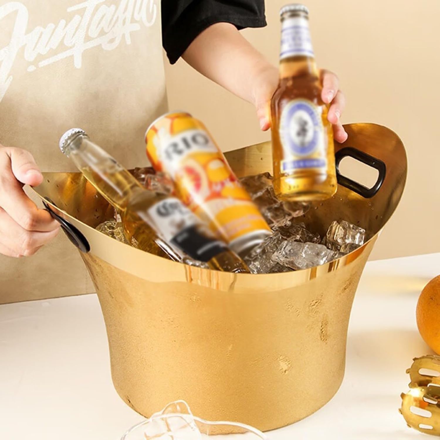 Ice Bucket Stainless Steel Ice Bucket Insulated Beverage Tub Large 9L Party Tub, Drink Bucket for Parties, Ice Tub Cooler for Wine and Beer, Golden Ice Buckets For Parties