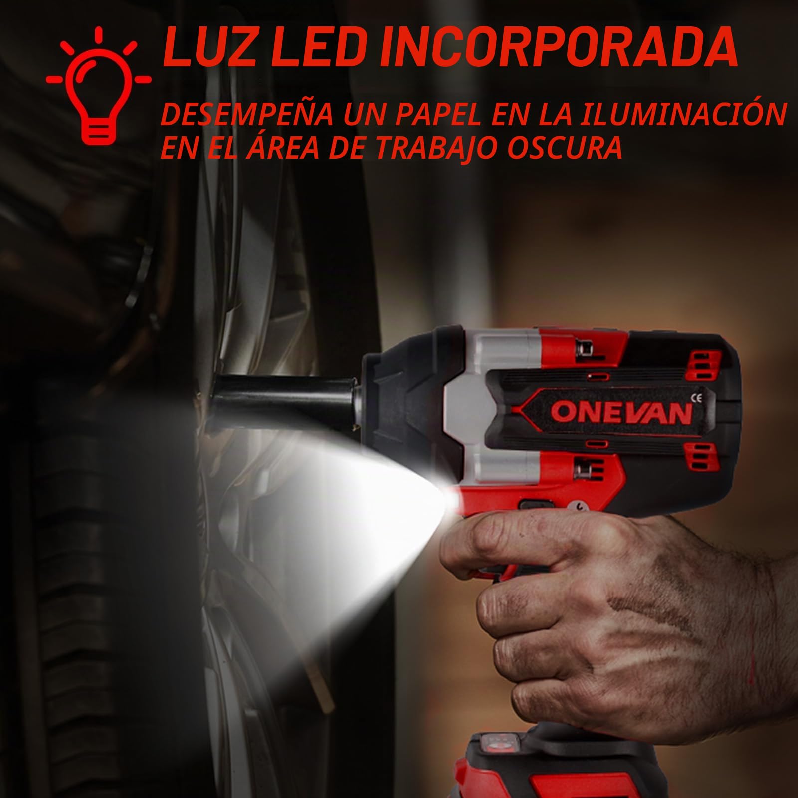 ONEVAN Llave de Impacto Inalámbrica 1000 Nm 1/2" sin Escobillas 2 Baterías | 3 Velocidades adelante/2 atrás, Parada automática, 2700 ipm Frecuencia, 3s Desatornillado tuercas, Reparación autos, Andamios