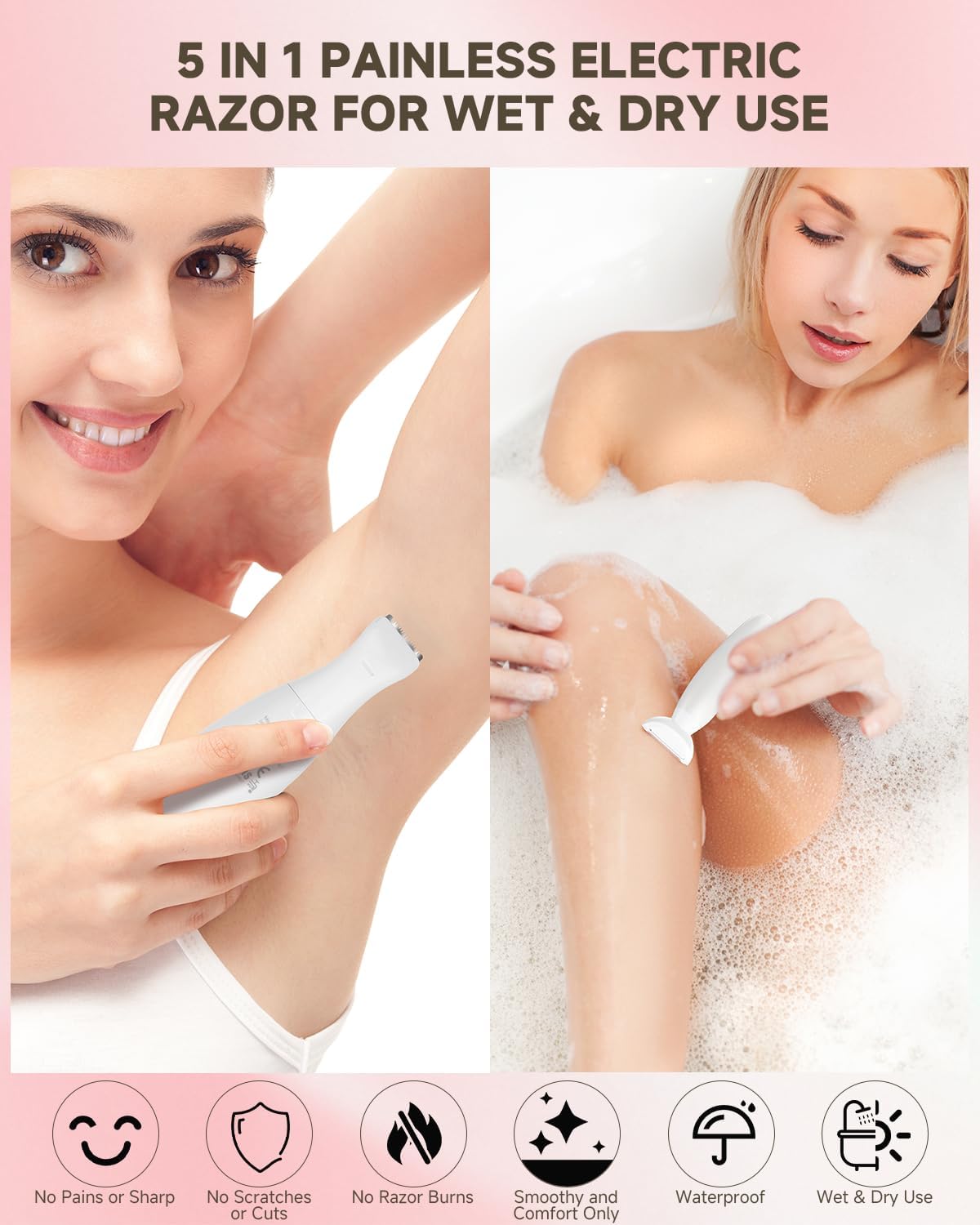 Bikini Trimmer for Women 5 in 1 Electric Razor, Rechargeable LED Display IPX7 Waterproof Painless Hair Removal for Face Leg Armpit Eyebrow Pubic, Ideal Female Gift