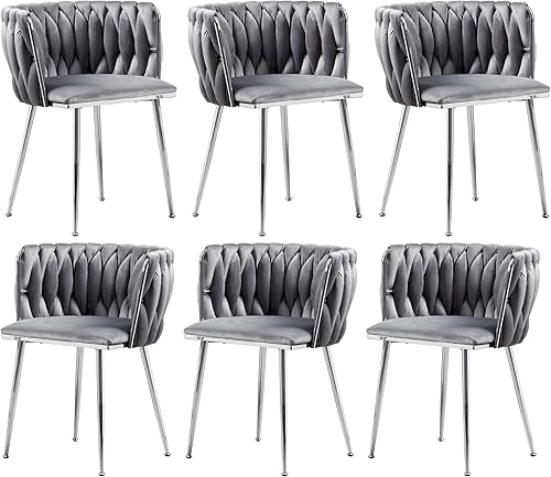 Miniatura 18 de Juego de 2 sillas de comedor de terciopelo, sillas laterales tapizadas tejidas con patas de metal plateado, Sillas de Comedor 2, sillas decorativas