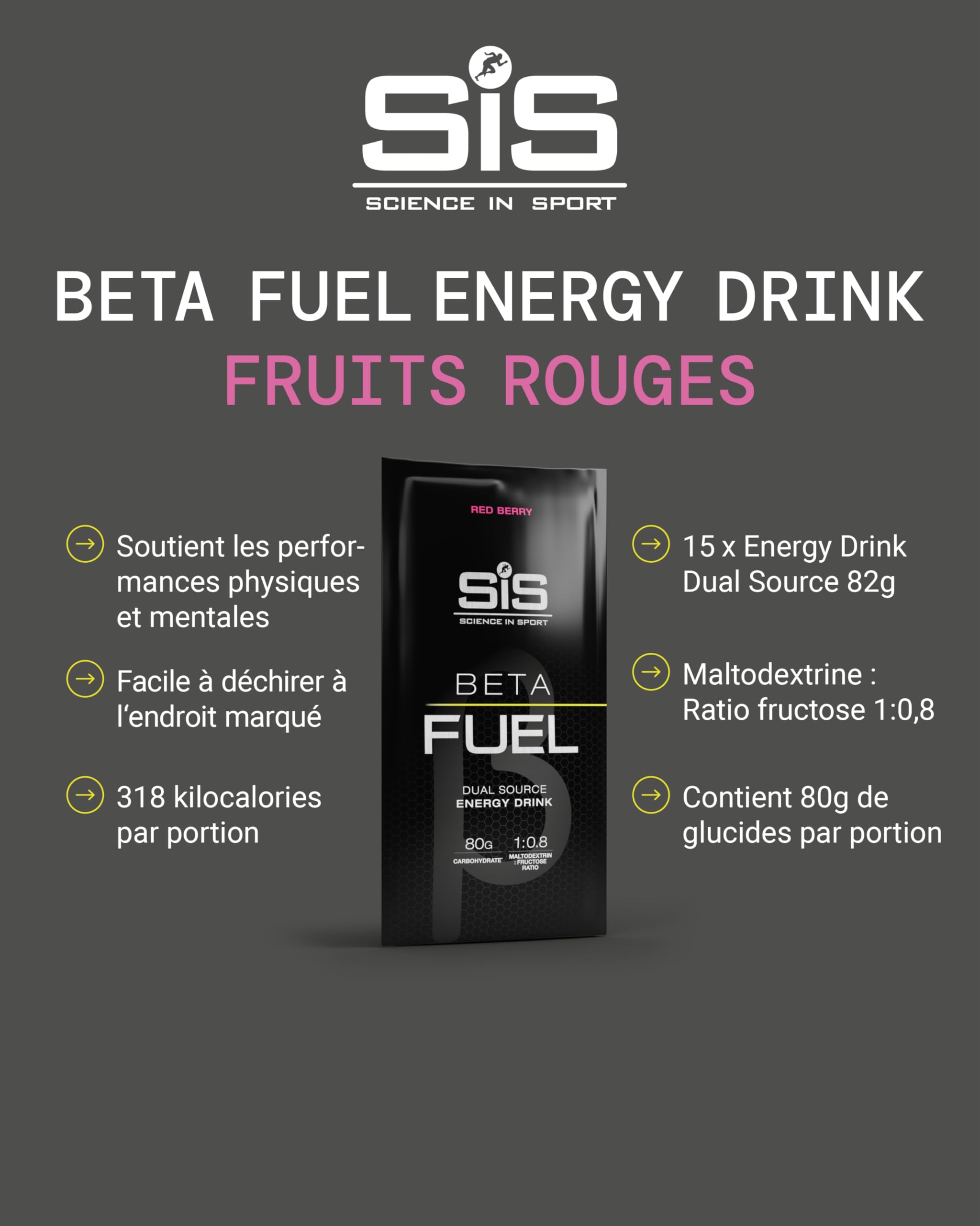 Science in Sport BETA Fuel 80 Poudre Boisson Énergisante 15 x 82g Fruits rouges - Poudre de boisson isotonique avec 80g de glucides, source e d’énergie pour sportifs d’endurance