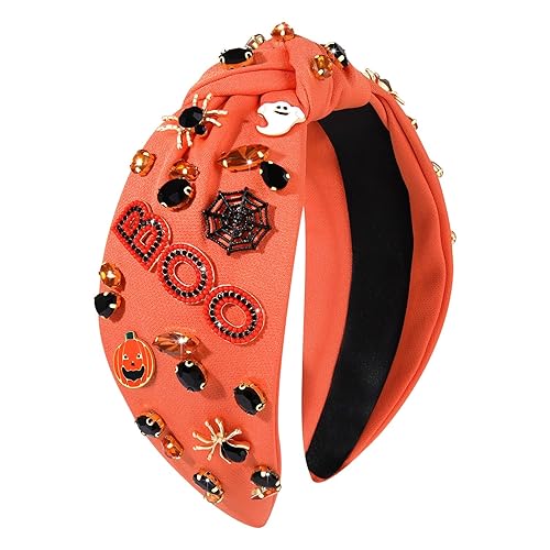 Diadema de Halloween para mujer, diadema anudada de perlas de cristal, con cuentas de calabaza adornada con nudo ancho, accesorios de Halloween,