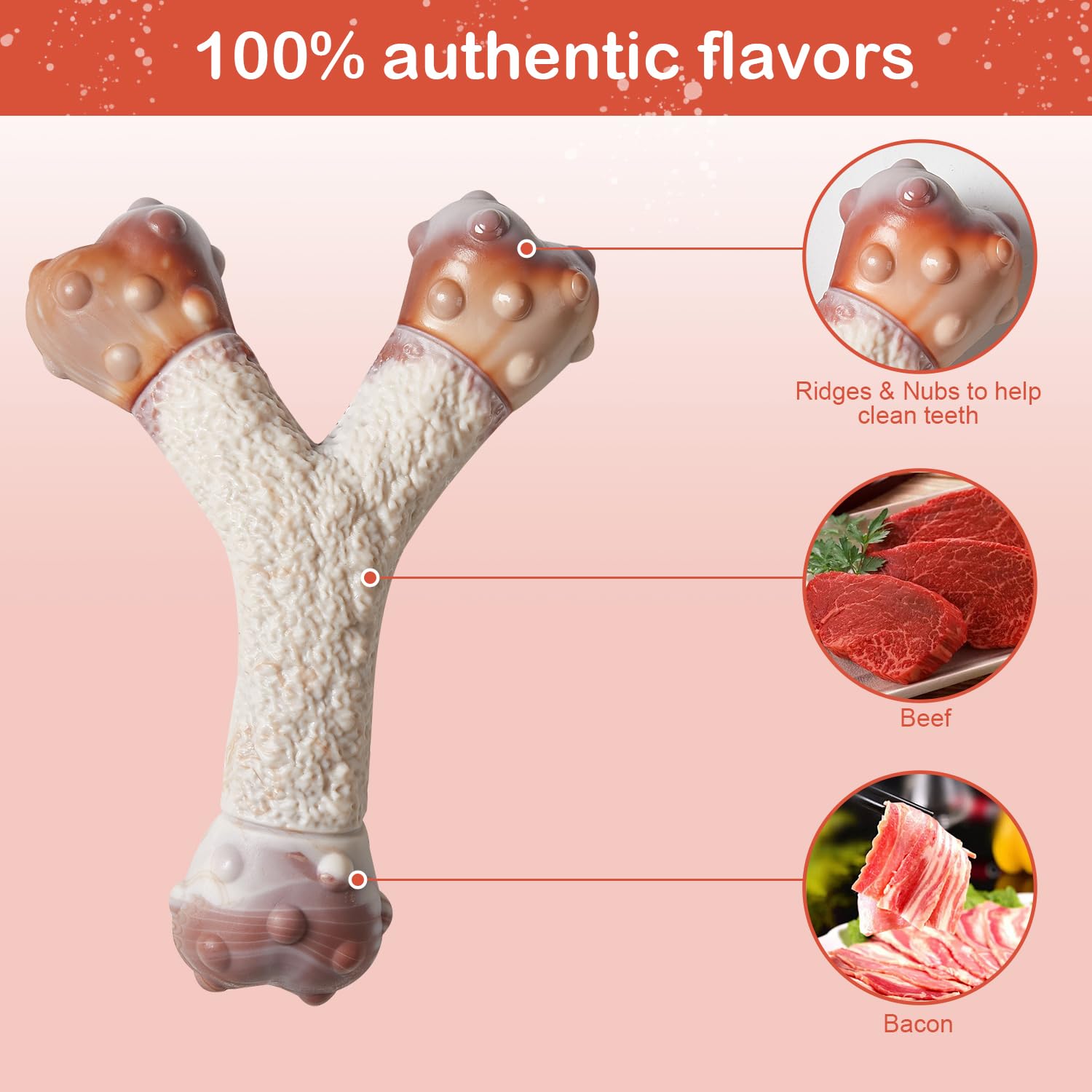 CHEW BOSS Dog Chew Toys Indestructible - 2 Pack Extreme Tough Dog Toys for Aggressive chewers, X and Y Shaped Real Beef/Bacon flavores, Large durable interactive Nylon dog Toys - Image 3