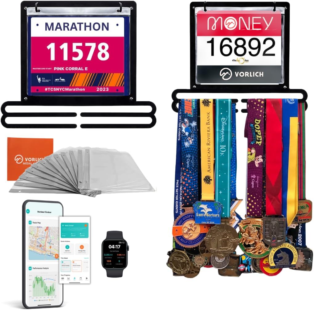 Race Bib & Medal Display – Medal Holder with Run APP & 4-Week Training Plan – Medal Hanger Display – Holds 50+ Medals & 100+ Race Bibs – Running Medal Hanger for Runners