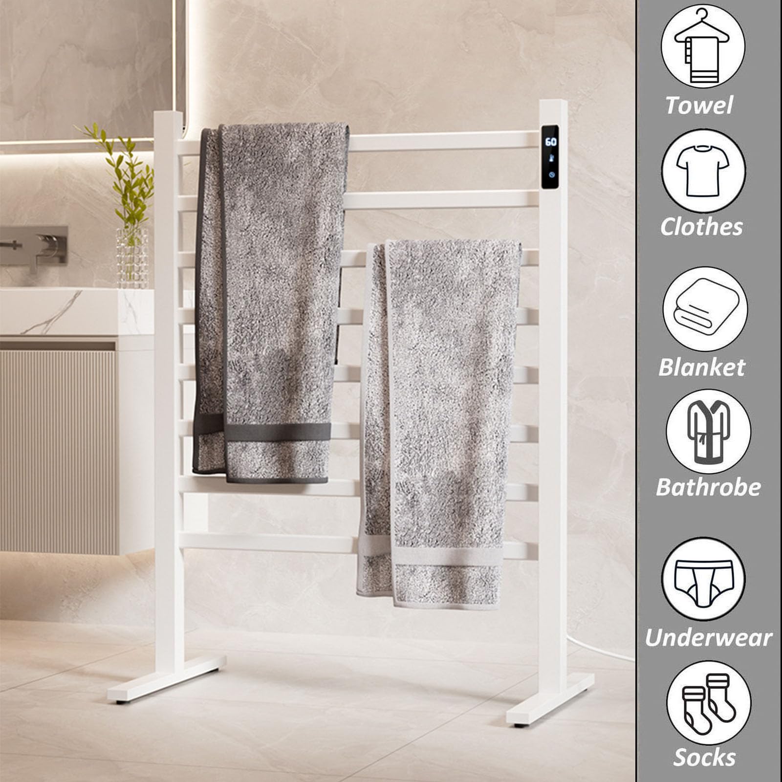 Scaldasalviette Elettrico Bianco, con Spina e Timer, a Riscaldamento rapido per la casa, con stendibiancheria Elettrico Indipendente.