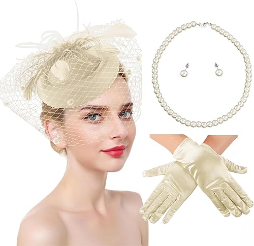 Ibeauti Sombreros tocados con guantes de encaje Screentouch para mujer, fiesta de té, cóctel, boda, Derby, guantes cortos