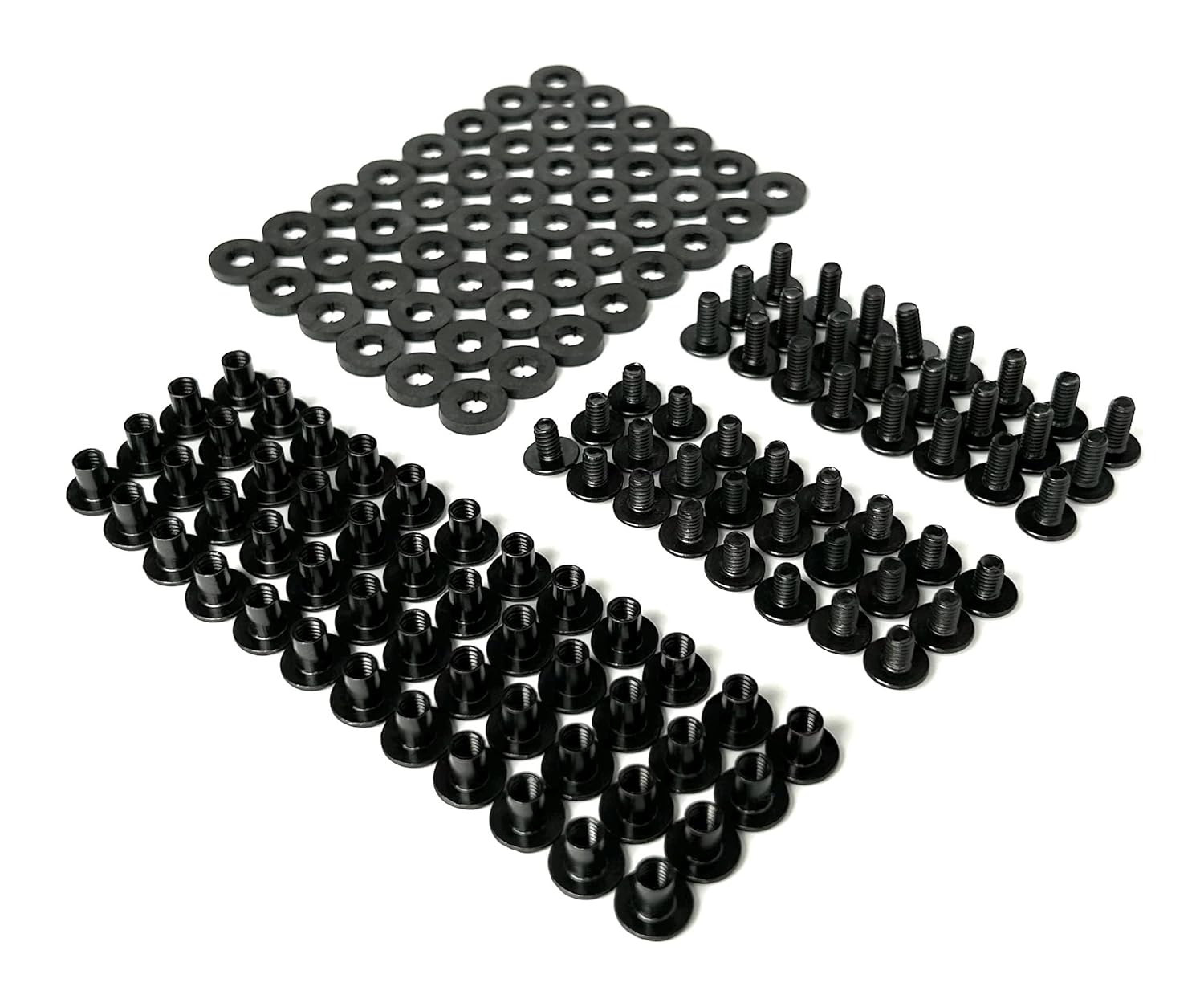 Black Chicago Screws, 144 Assorted Pieces of 1/4 & 3/8 Inch - for DIY Kydex and Leather Gun Holsters/Clips and Knife Sheaths, Includes Phillips Truss Heads + Open Slotted Fasteners + Rubber Washers