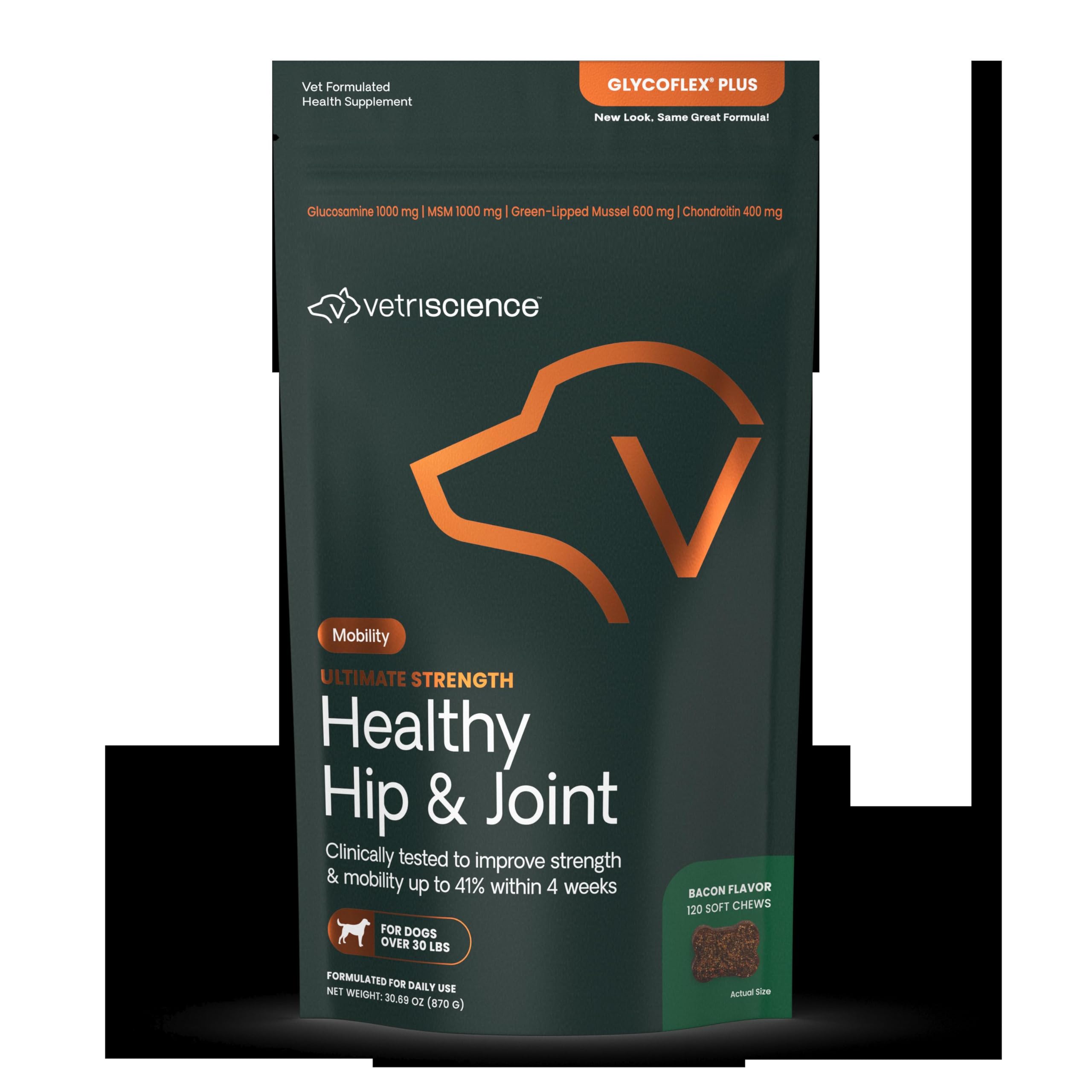 VetriScience Ultimate Strength Healthy Hip & Joint Chews, GlycoFlex Glucosamine, Chondroitin and Green-Lipped Mussel Joint Support Supplement for Dogs, Soothe Joint Discomfort, Bacon, 120 Count