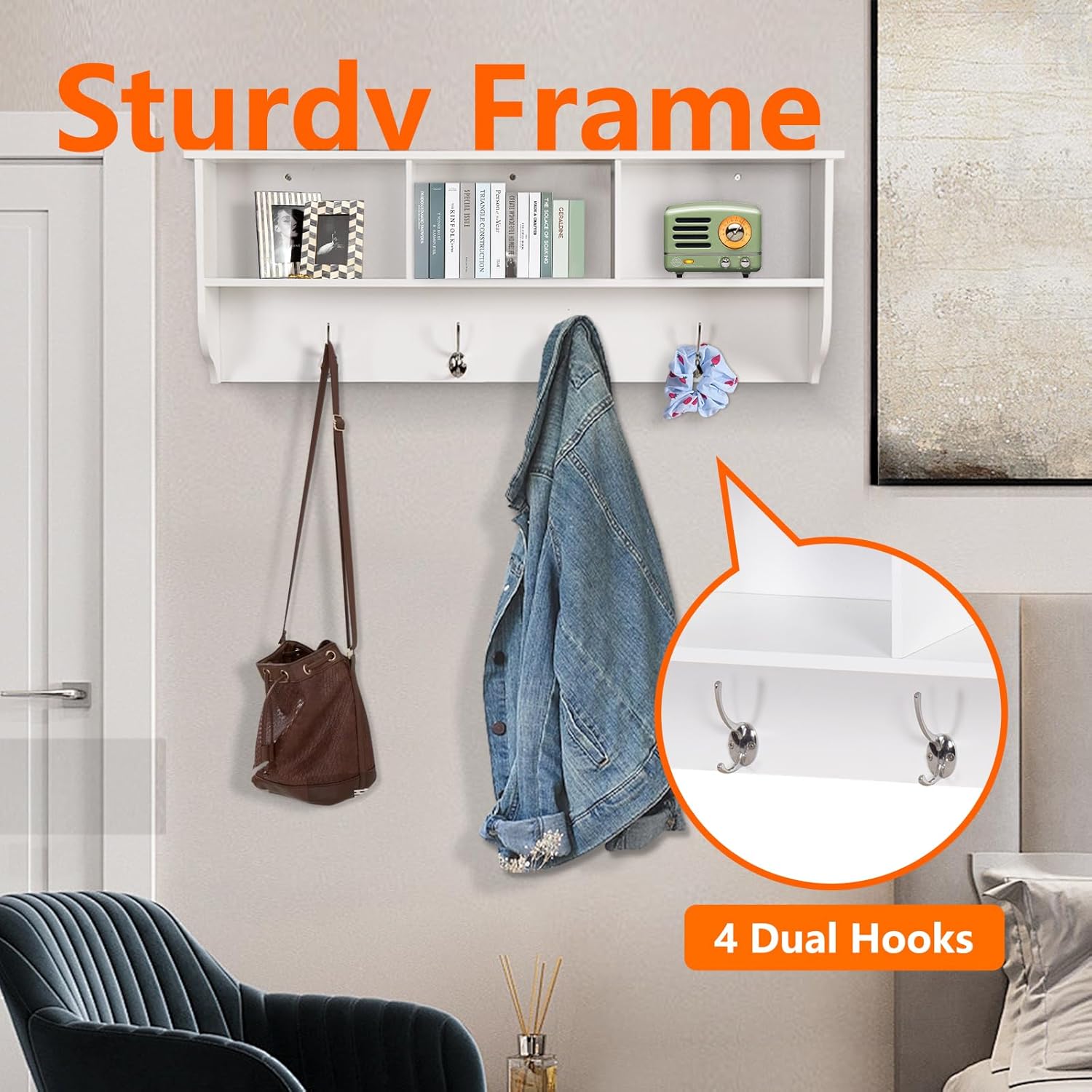 Wall Hooks with Storage Shelf Wooden Coat Rack Wall Mount with 4 Dual Hooks Entryway Hanging Shelf Backpack Key Clothes Hats Umbrellas, White