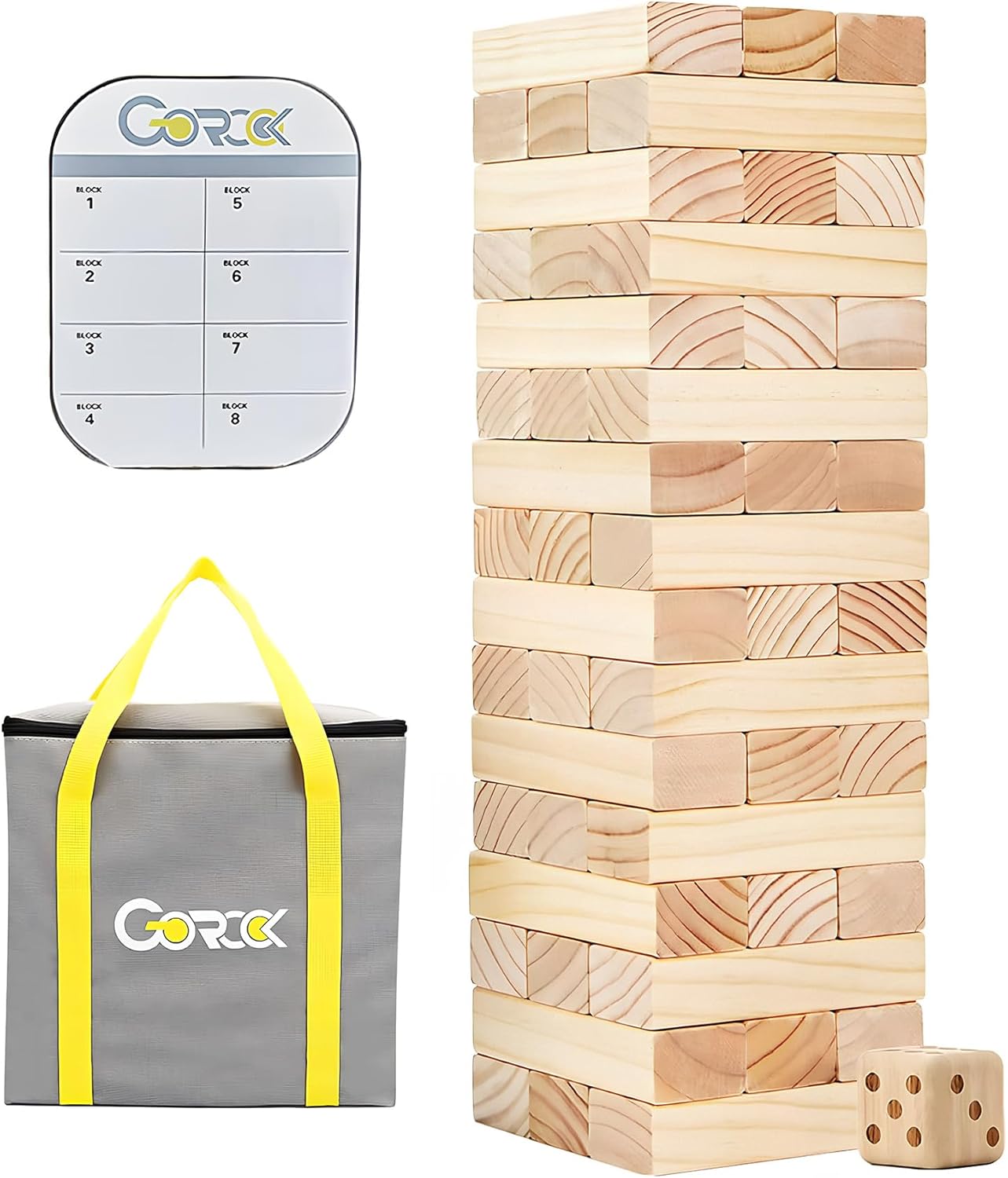 GOROCK Giant Tumbling Tower Game，57Pcs Wooden Block Stacking Game （Over 4.2FT），Classic Family Indoor Outdoor Yard Party Games for Kids and Adults with Carry Bag